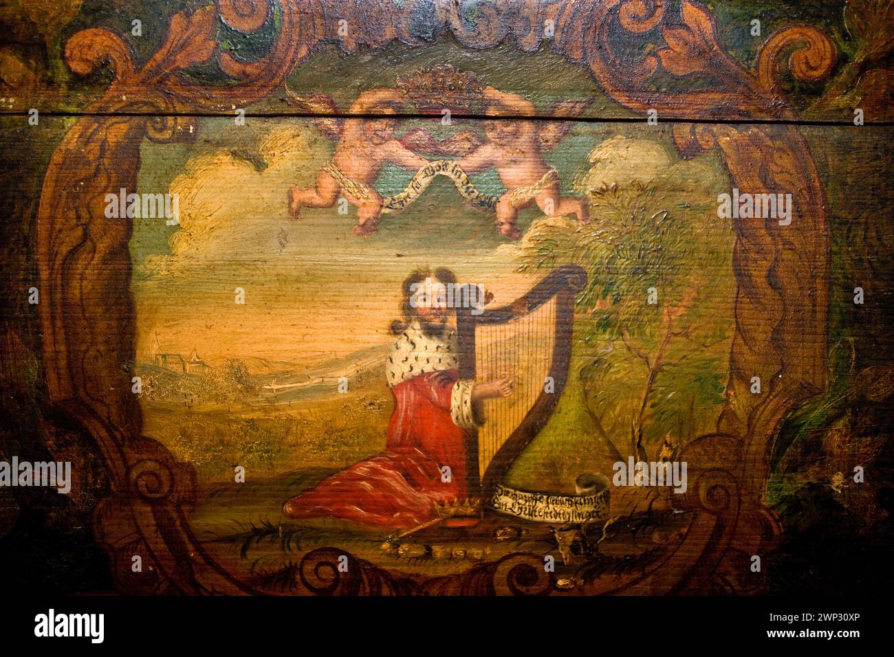 Roi David avec la harpe, peinture sur un psaltère, une harpe de table d'Estonie, XVIIe siècle, Haus Kemnade, Hattingen, Rhénanie du Nord-Westphalie, Allemagne, E Banque D'Images
