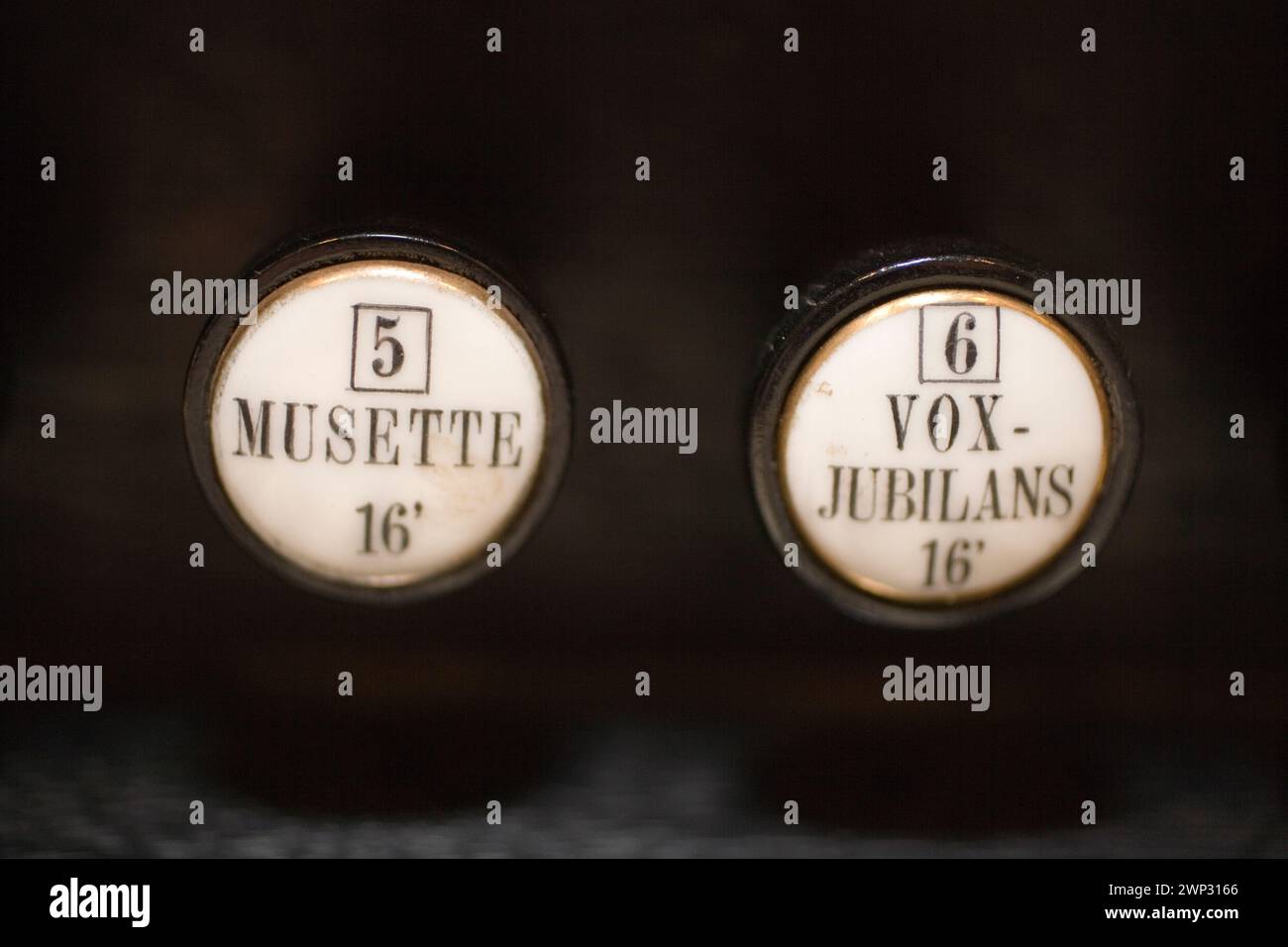 Bouton d'arrêt d'un orgue à pompe nommé Musette et Vox Jubilans Banque D'Images