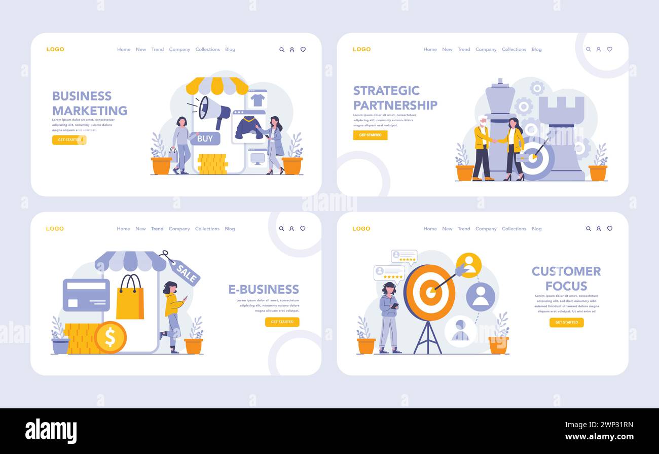 Ensemble de pages Web ou de pages de destination marketing et axées sur le client. Conceptions interactives illustrant le marketing d'entreprise, le partenariat stratégique, l'e-business et l'orientation client. Illustration vectorielle. Illustration de Vecteur Ensemble de pages Web ou de pages de destination marketing et axées sur le client. Conceptions interactives illustrant le marketing d'entreprise, le partenariat stratégique, l'e-business et l'orientation client. Illustration vectorielle. Illustration de Vecteur