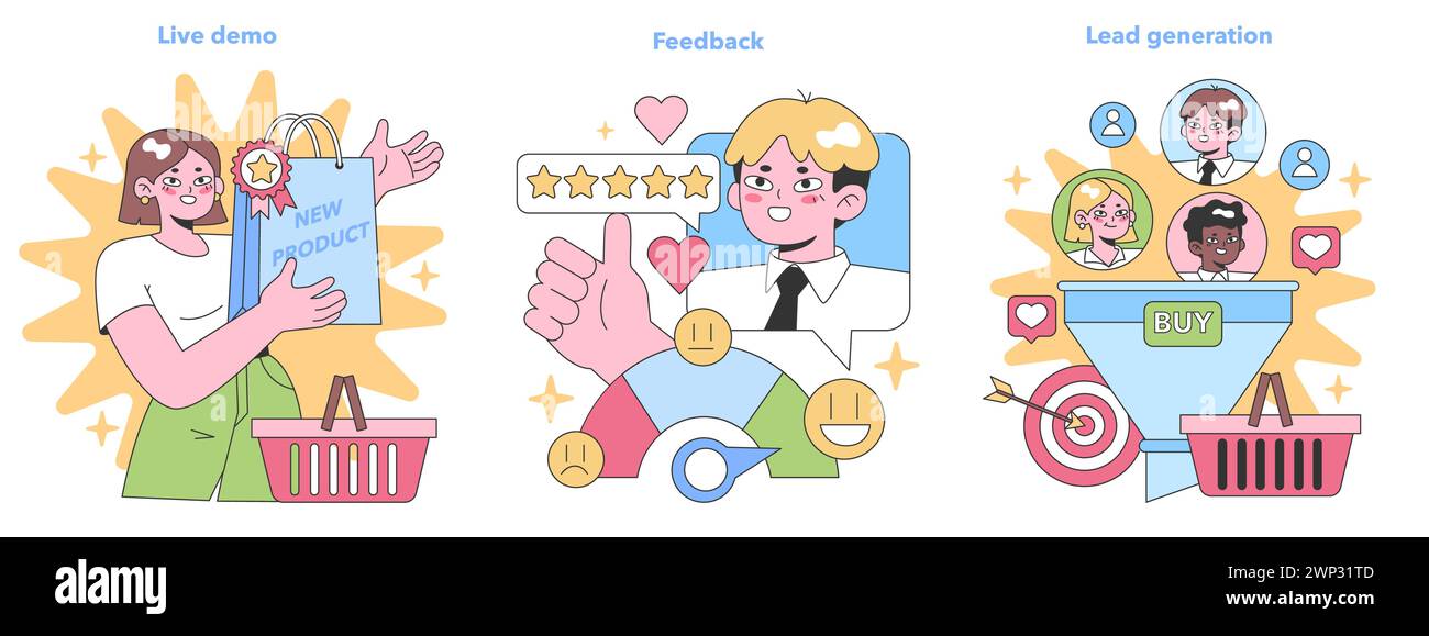 Ensemble d'engagement commercial. Illustrer les démonstrations de produits en direct, l'importance des commentaires des clients et les tactiques de génération de prospects. Illustration vectorielle plate Illustration de Vecteur