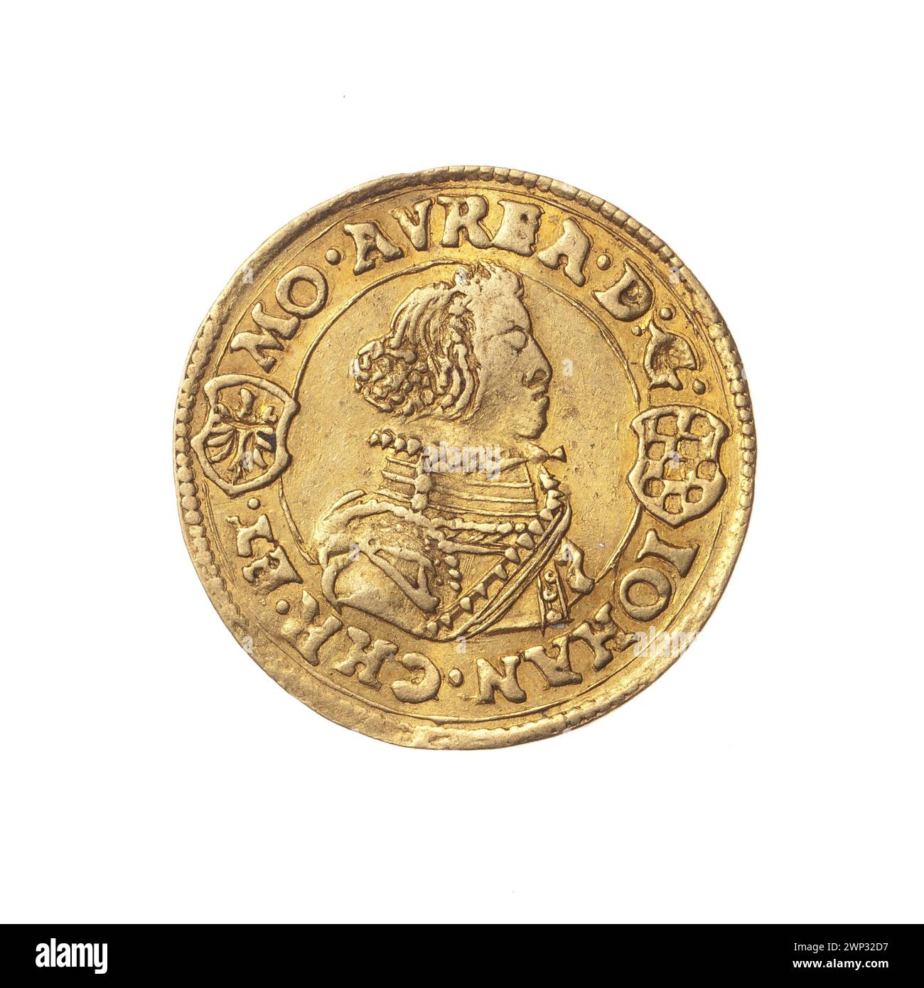 Un ducat de 1611 représentant Jan Christian de Brest et Jerzy Rudolf de Legnica, avec des portraits doubles en armure de parade, bustes gauche et droite, boucliers et armoiries de Brest et Legnica, illustrant la famille Piast. Banque D'Images