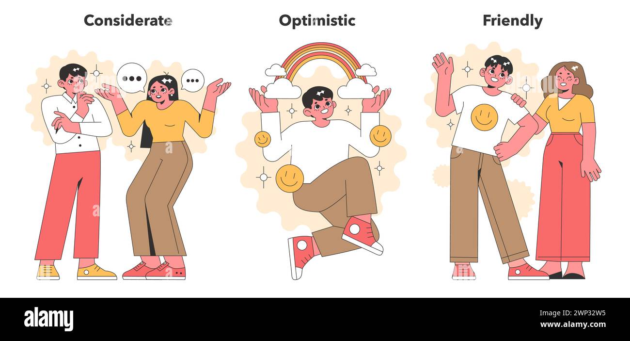 Art vectoriel engageant capturant l'essence de la positivité, mettant en vedette des personnages qui sont attentionnés, optimistes et amicaux dans un style moderne et ludique Illustration de Vecteur