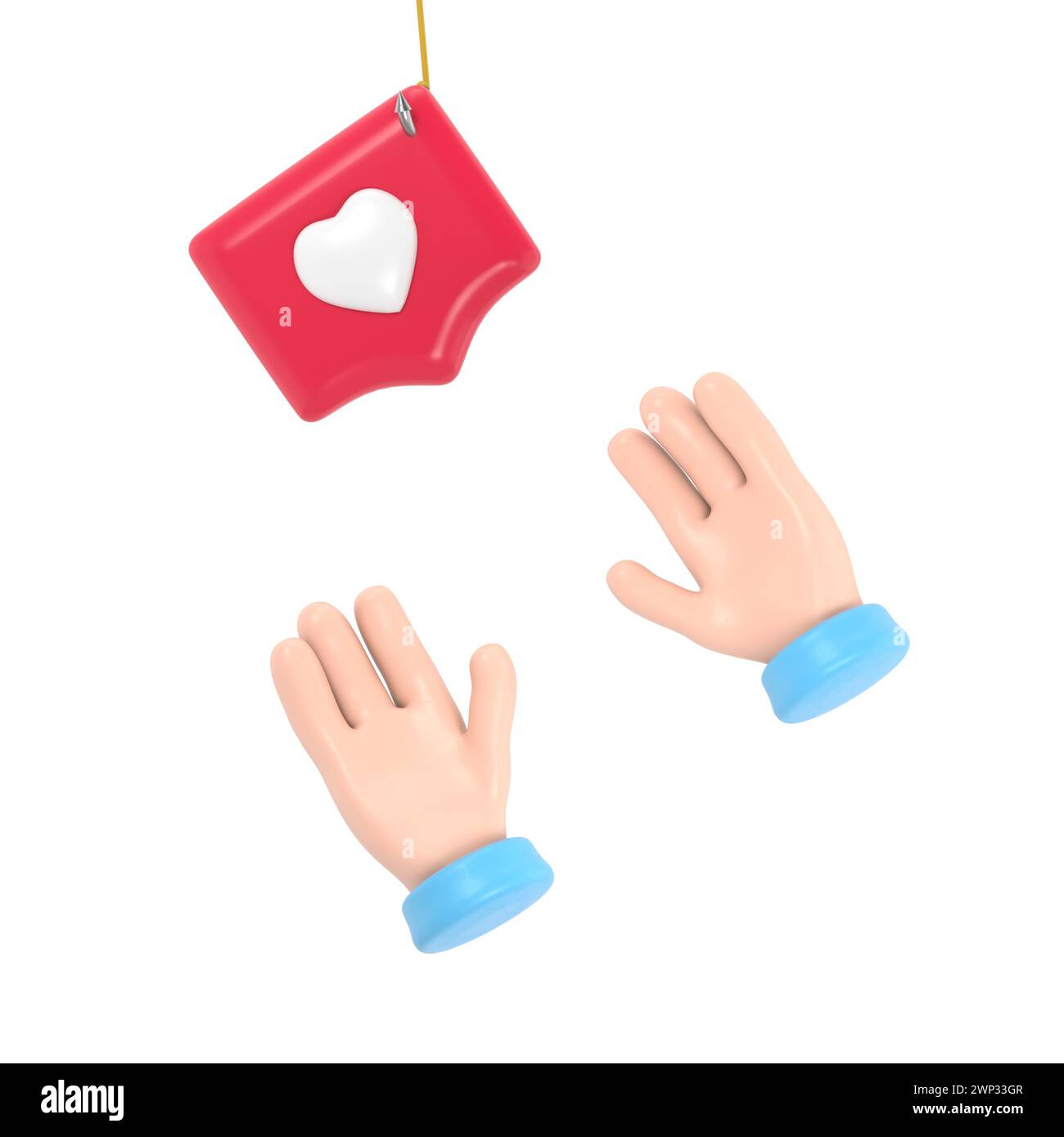 Icône de geste de dessin animé Mockup.mains atteignant une épingle avec un cœur sur un crochet. Métaphore sociale, révélant le concept de manipulation de l'opinion et du gre Banque D'Images