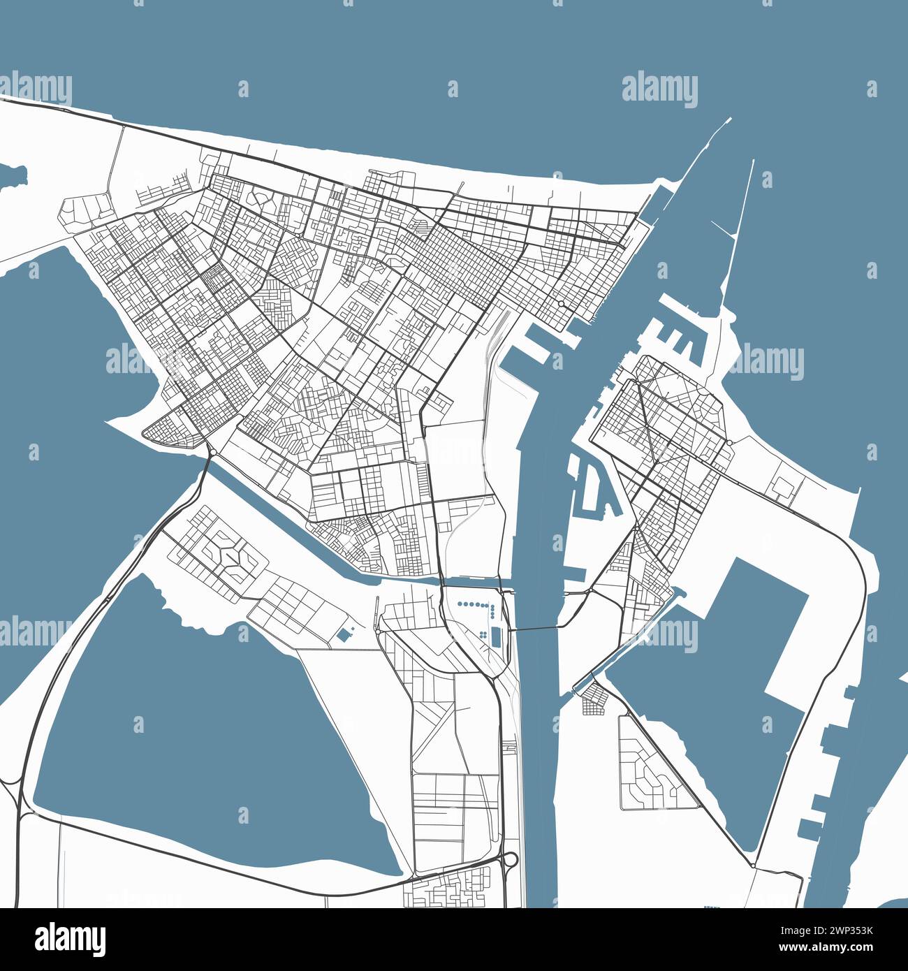Carte de Port-Saïd, Égypte. Carte vectorielle détaillée de la ville, zone métropolitaine. Streetmap avec routes et eau. Illustration de Vecteur