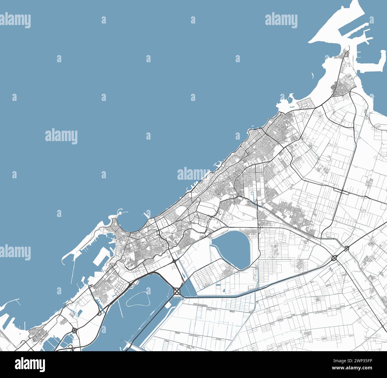 Carte d'Alexandrie, Égypte. Carte vectorielle détaillée de la ville, zone métropolitaine. Streetmap avec routes et eau. Illustration de Vecteur