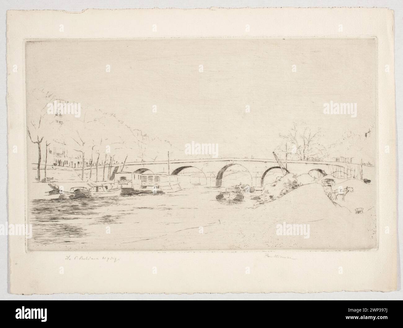 Gravure de Józef Pankiewicz datant des environs de 1903 représentant le pont Marie sur la Seine à Paris, créée dans le style jeune Pologne et conservée dans la collection Bohdan Wydżga. Banque D'Images