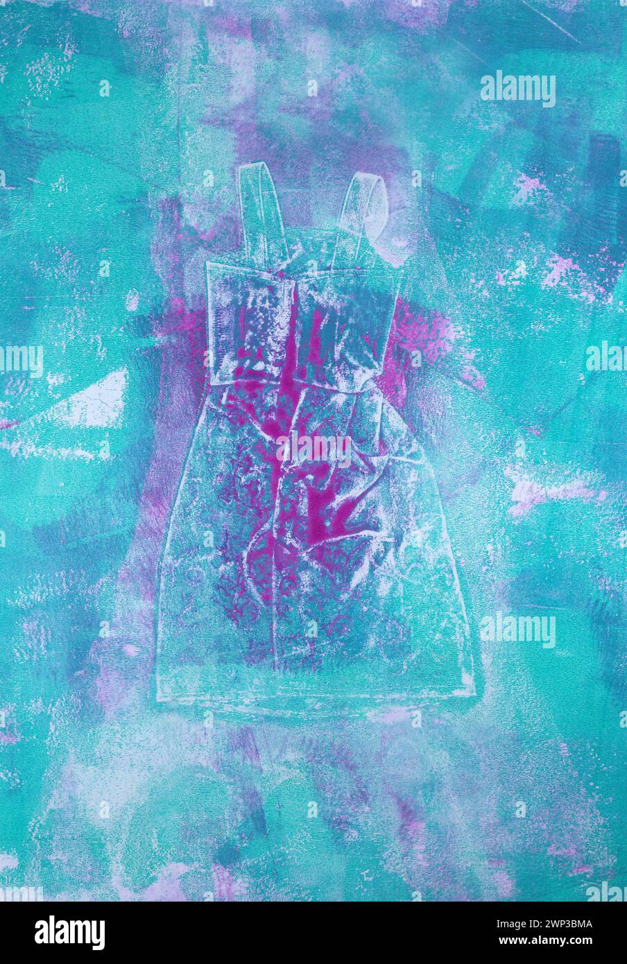 Illustration d'impression de plaque de gel d'une robe d'été sur un fond multicolore sarcelle et rose. Banque D'Images