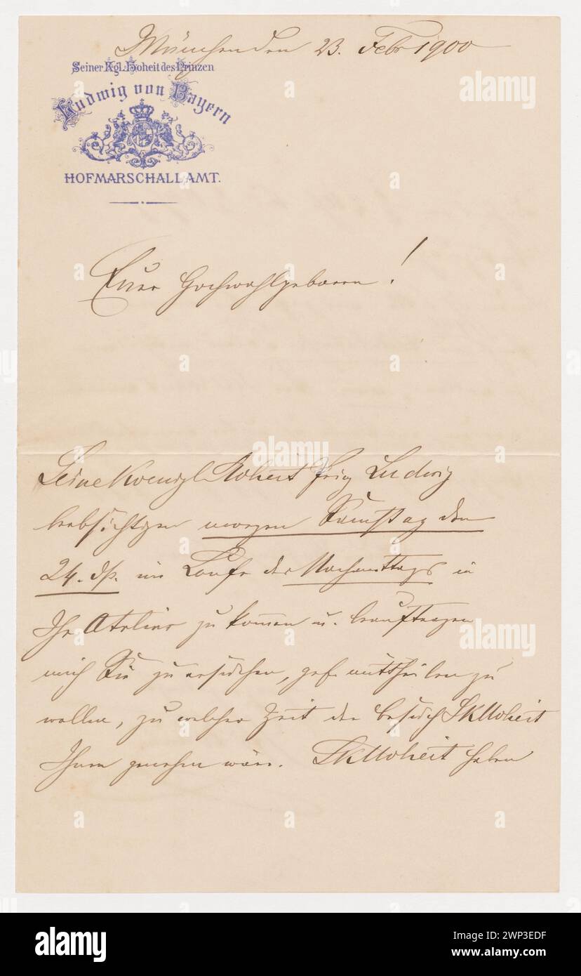 Écriture de Hofmarschallamt Seiner KGL. Hoheit des Prinzen Ludwig von Bayern [Kancelaria Ludwig Bawarski] du 23 février 1900 adressée à Józef Brandt avec des informations sur la visite prévue de Ludwik Bavarian à l'atelier du peintre [sur papier de l'entreprise]; 23.02.1900 (1900-00-00-1900-00-00);Brandt, Józef (1841-1915), Brandt, Józef (1841-1915) - documents biographiques, Ludwik III Wittelsbach (Roi de Bavière - 1845-1921), Stachura, Witold - collection, colonie artistique polonaise à Munich, peinture, ateliers d'artistes, ateliers de peinture, achat (provenance) Banque D'Images