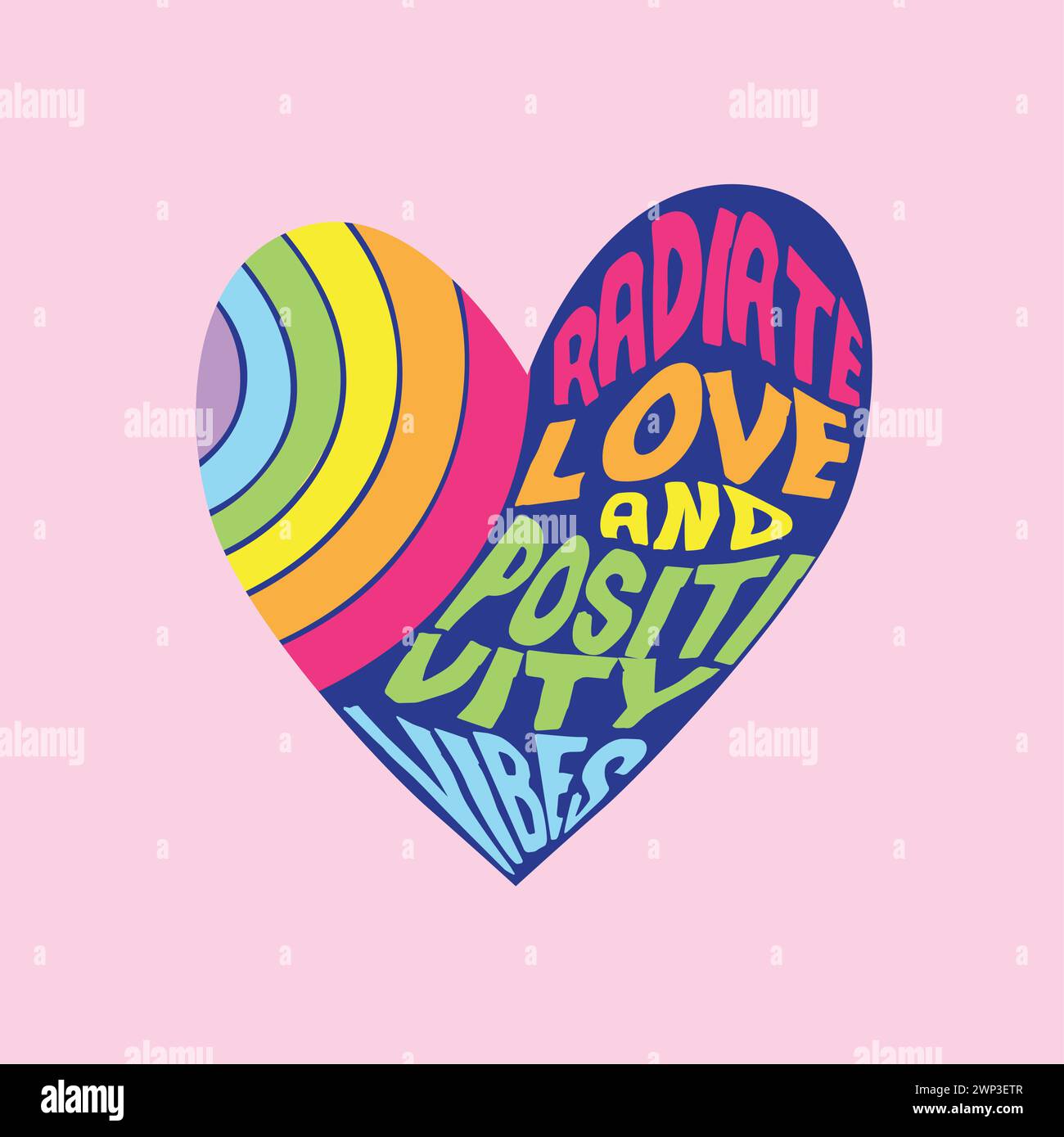 Rainbow Radiate amour et positivité coeur typographie t-shirt graphiques t-shirt imprimé vecteur de conception graphique Illustration de Vecteur