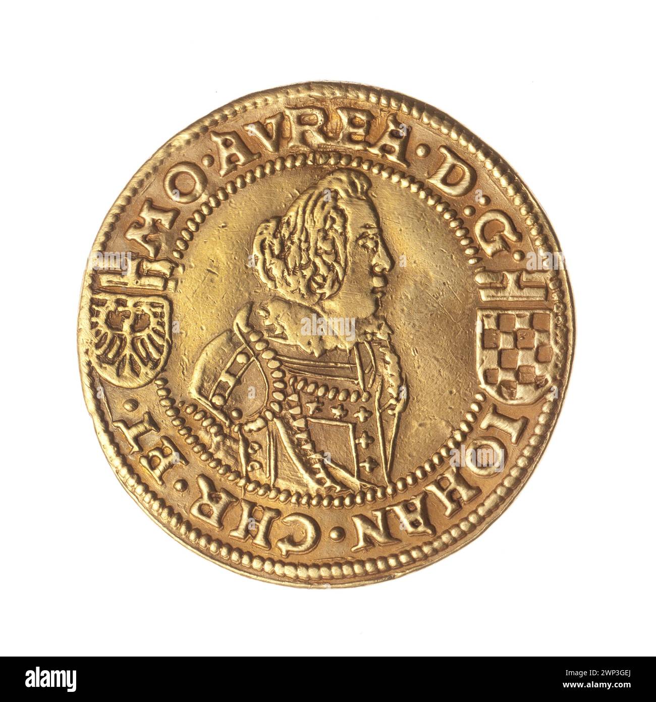 Deux ducats de 1611 représentant Jan Christian de Brest et Jerzy Rodolphe de Legnica avec des portraits doubles en armure de parade, bustes gauche et droite, boucliers et armoiries de Brest et Legnica, représentant la famille Piast. Banque D'Images