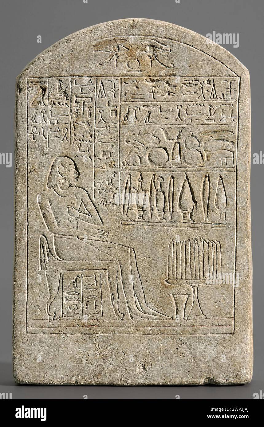 Cadre votif de Kemehu ; vers 1795-1650 av. J.-C. ; Pahu, 13 dynastie (0-00-00-0-00-00) ; dépôt de l'Université de Varsovie de 1937-1939, Kemehu (CA 1800-1700 av. J.-C.), Néferhotep I (Seigneur de l'Egypte-CA 1800-1700 av. J.-C.), Scene.gal.gal., Sobekhotep III (Seigneur de l'Egypte-CA 1800-1700 av. J.-C.), formules sacrificielles, vaisseaux rituels (iconogr. C.), victimes (iconogr.). Peruka (iconogr.), Ring Szeen (iconogr.), table de sacrifice (iconogr.), fouilles françaises à Edfou (Egypte) Banque D'Images