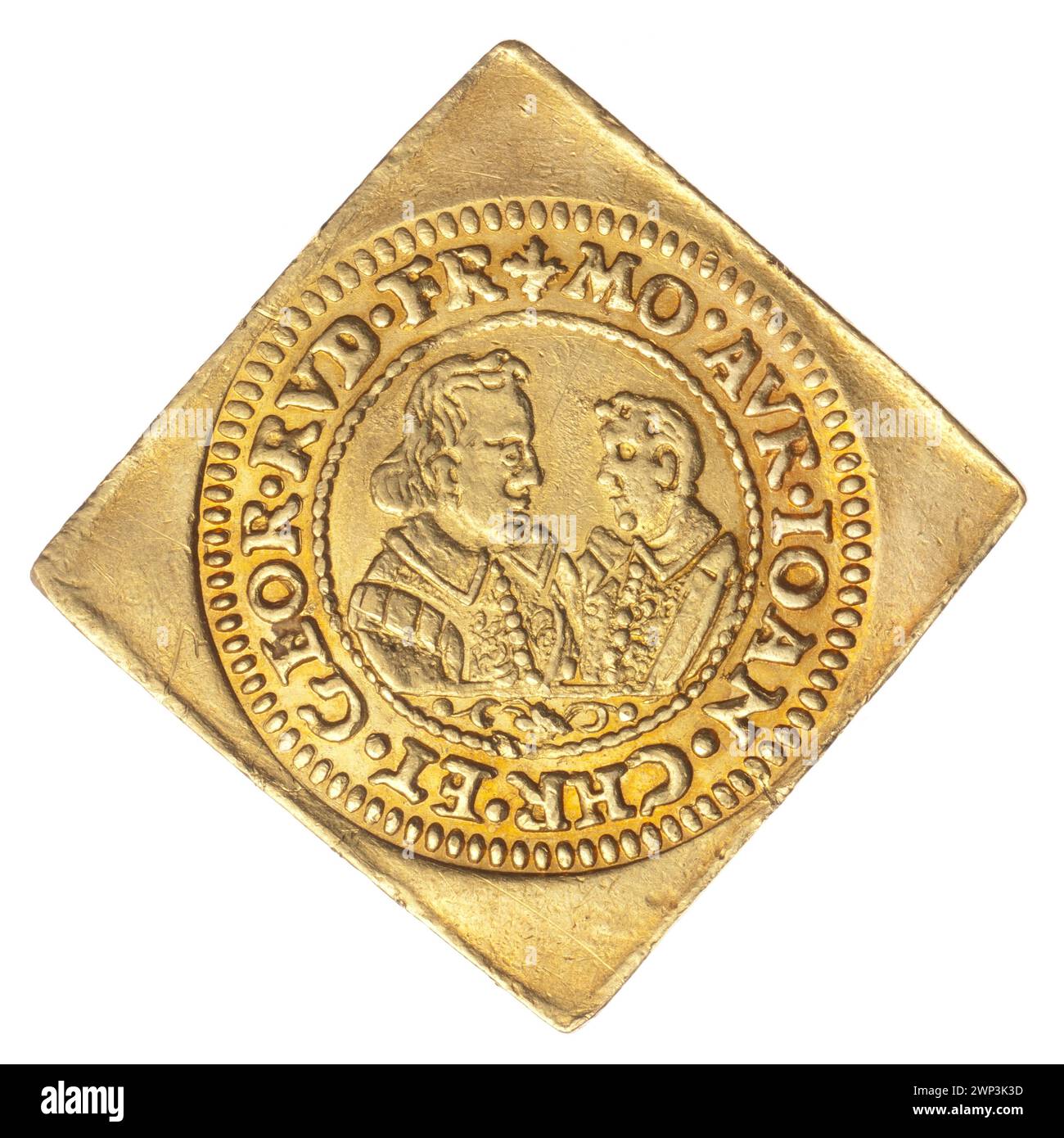 Deux ducats de 1608 représentant Jan Christian de Brest et Jerzy Rodolphe de Legnica avec double portrait de buste, armoiries de Brest et Legnica-Brzeski, et iconographie représentant la famille Piast. Banque D'Images