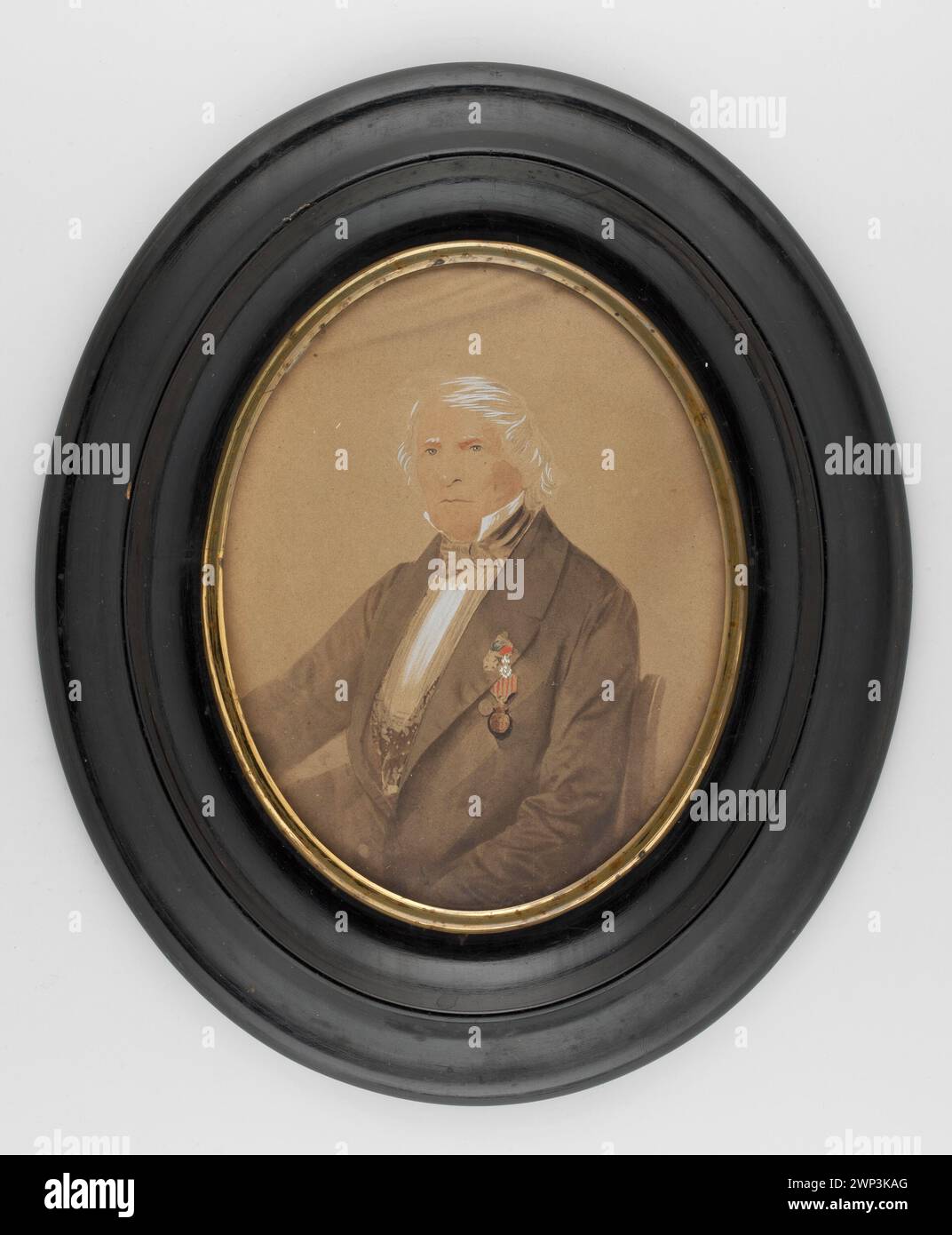 Portrait miniature d'Adam Prot Jacek Lelewel (1790-1884), officier napoléonien, représenté en 1850 en trois-quarts portant un uniforme militaire, documentant les campagnes napoléoniennes, les ordres dont la Légion d'honneur et Virtuti Militari, qui font partie de la collection de miniatures polonaises. Banque D'Images