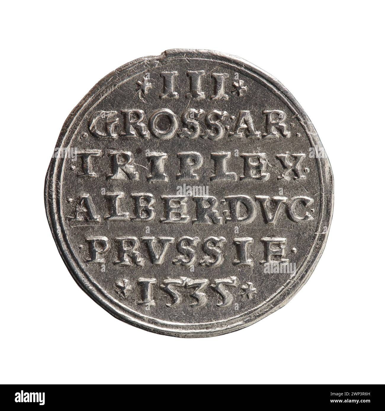 Pièce Trojak en argent frappée en 1535 par Jost Ludwik Decjusz, active entre 1528 et 1535, présentant un dessin numismatique polonais et des inscriptions spécifiques à la période. Banque D'Images