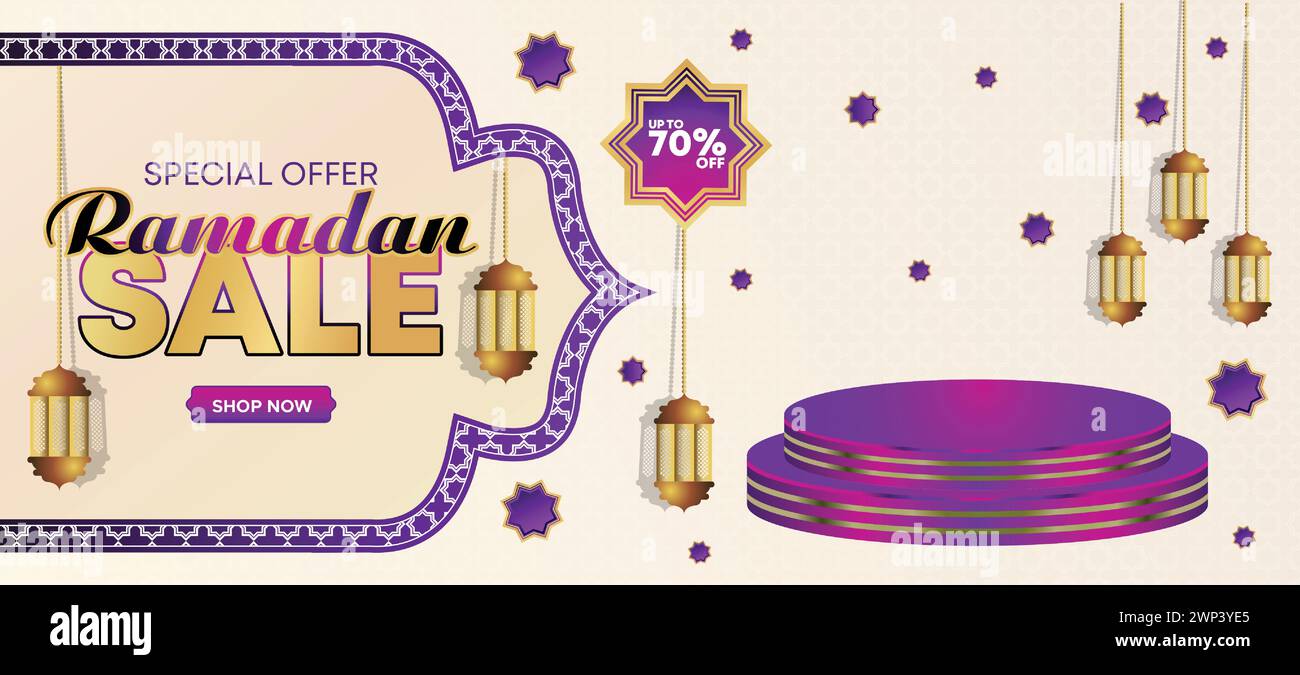 Ramadan Kareem Super vente Web bannière fond avec podium pour l'affichage du produit. Modèle de bannière d'offre spéciale de promotion de Ramadan islamique Illustration de Vecteur