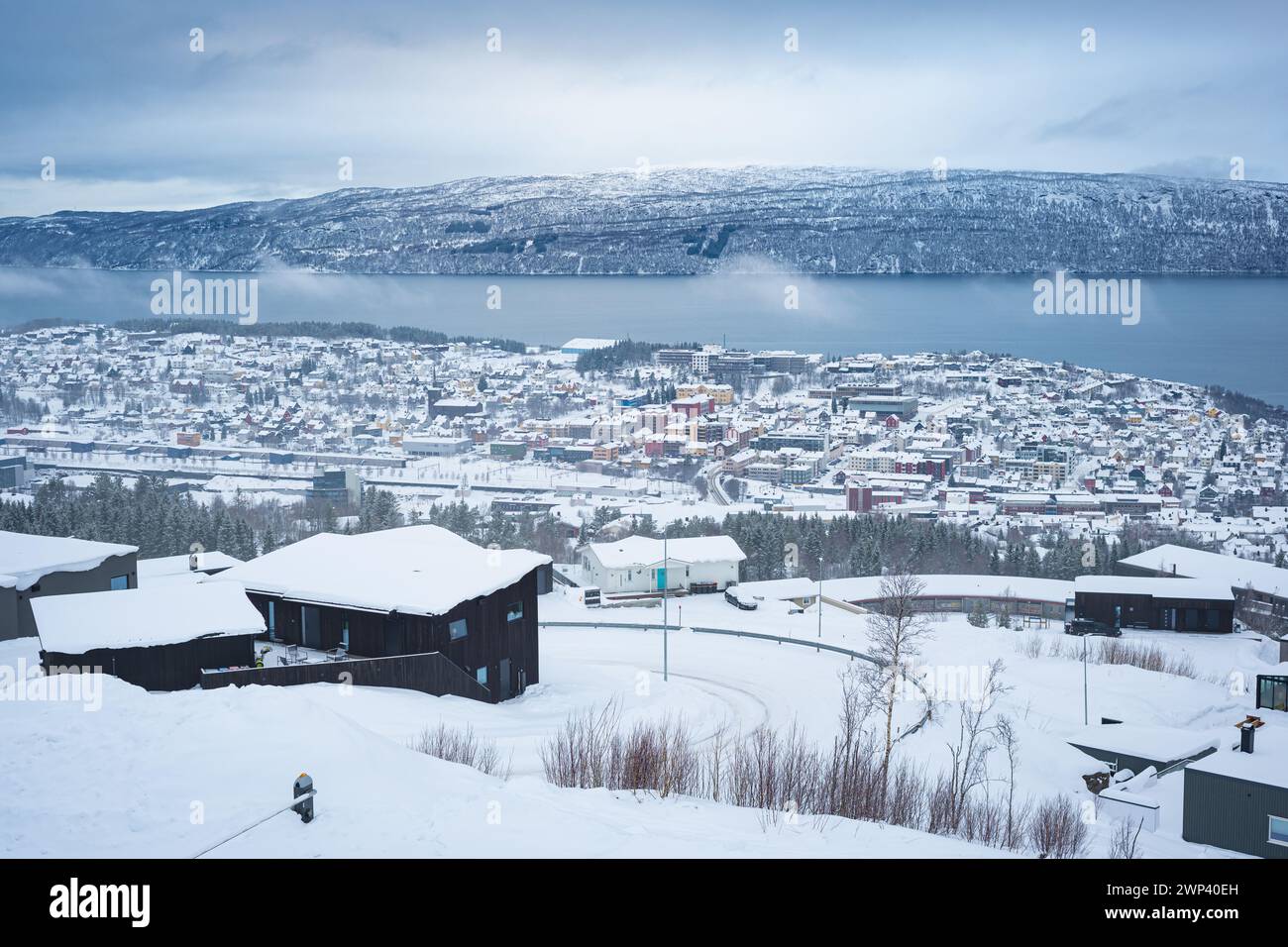 Vue aérienne hivernale de la partie centrale de la ville de Narvik le long de l'Ofotfjorden dans le nord de la Norvège. Banque D'Images