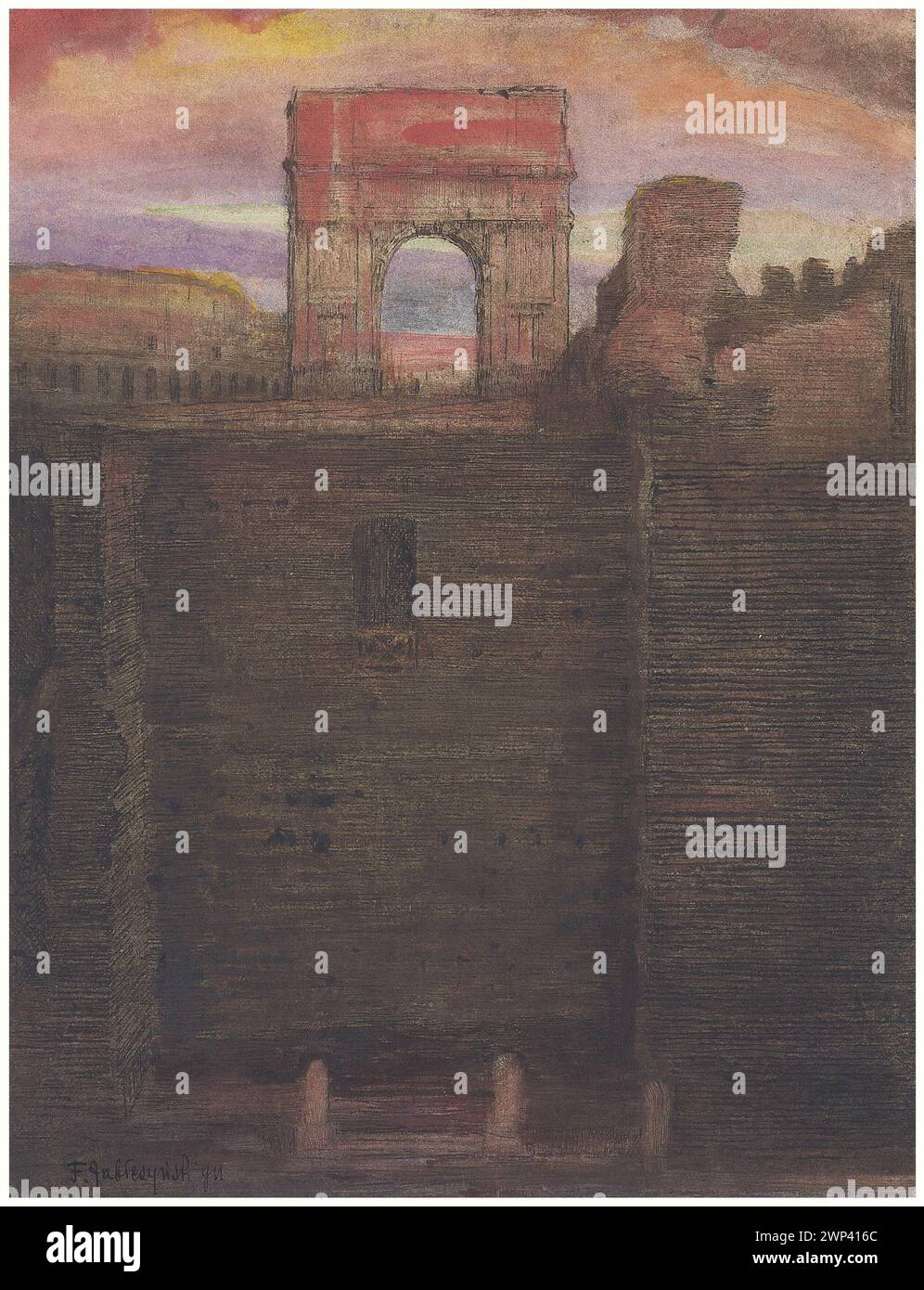 Une œuvre de 1911 de Feliks Apple montrant House Westalek avec Titus Arch et Forum Romanum à Rome. La pièce reflète le style jeune Pologne et l'art graphique polonais, avec une provenance documentée. Banque D'Images