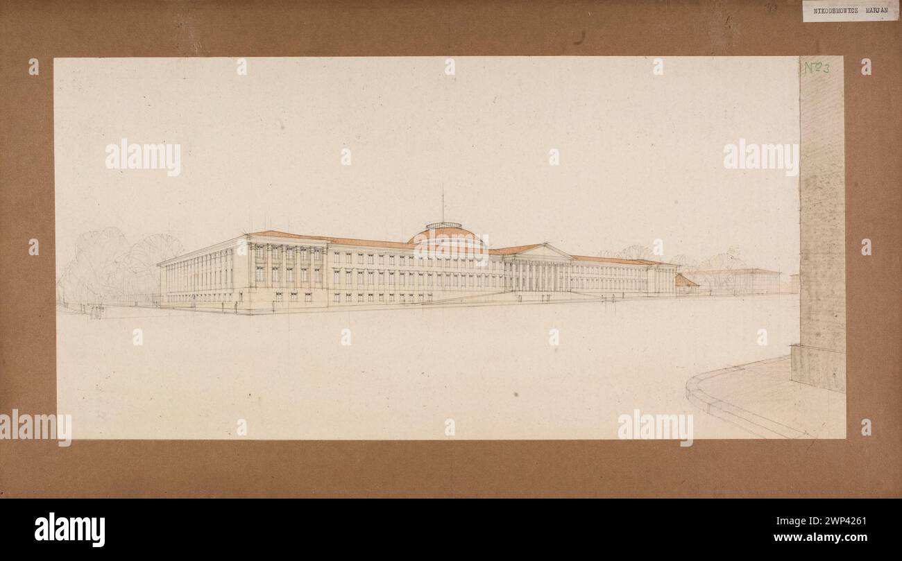 Concours LXXXIV offert par les architectes pour le bâtiment du Musée national de Varsovie. Projet no 3. Vue en perspective de la façade du côté des rues Smolna et Aleja 3 Maja ; Nikodemowicz, Marian (1890-1952) ; 1924 (1924-00-00-1924-00-00) ; Musée national de Varsovie (1862-), Varsovie (Voïvodie Masovienne), concours d'architecture, muséologie, concours, jetés architecturaux Banque D'Images