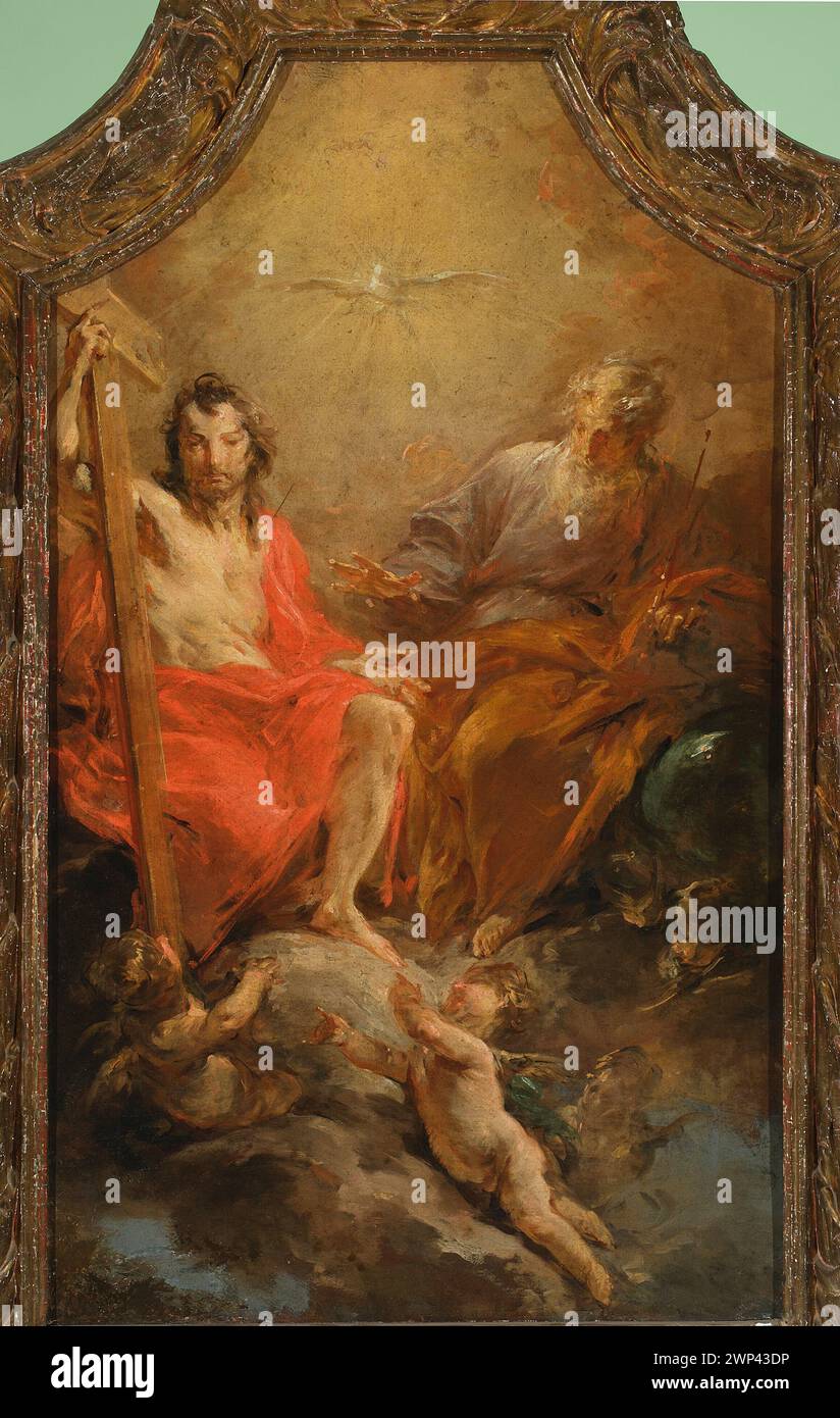 Tableau religieux du XVIIe siècle de Johann Christoph Liška représentant la Sainte Trinité avec Dieu le Père, Jésus-Christ et le Saint-esprit, entouré de putti dans l'iconographie dévotionnelle. Banque D'Images Tableau religieux du XVIIe siècle de Johann Christoph Liška représentant la Sainte Trinité avec Dieu le Père, Jésus-Christ et le Saint-esprit, entouré de putti dans l'iconographie dévotionnelle. Banque D'Images