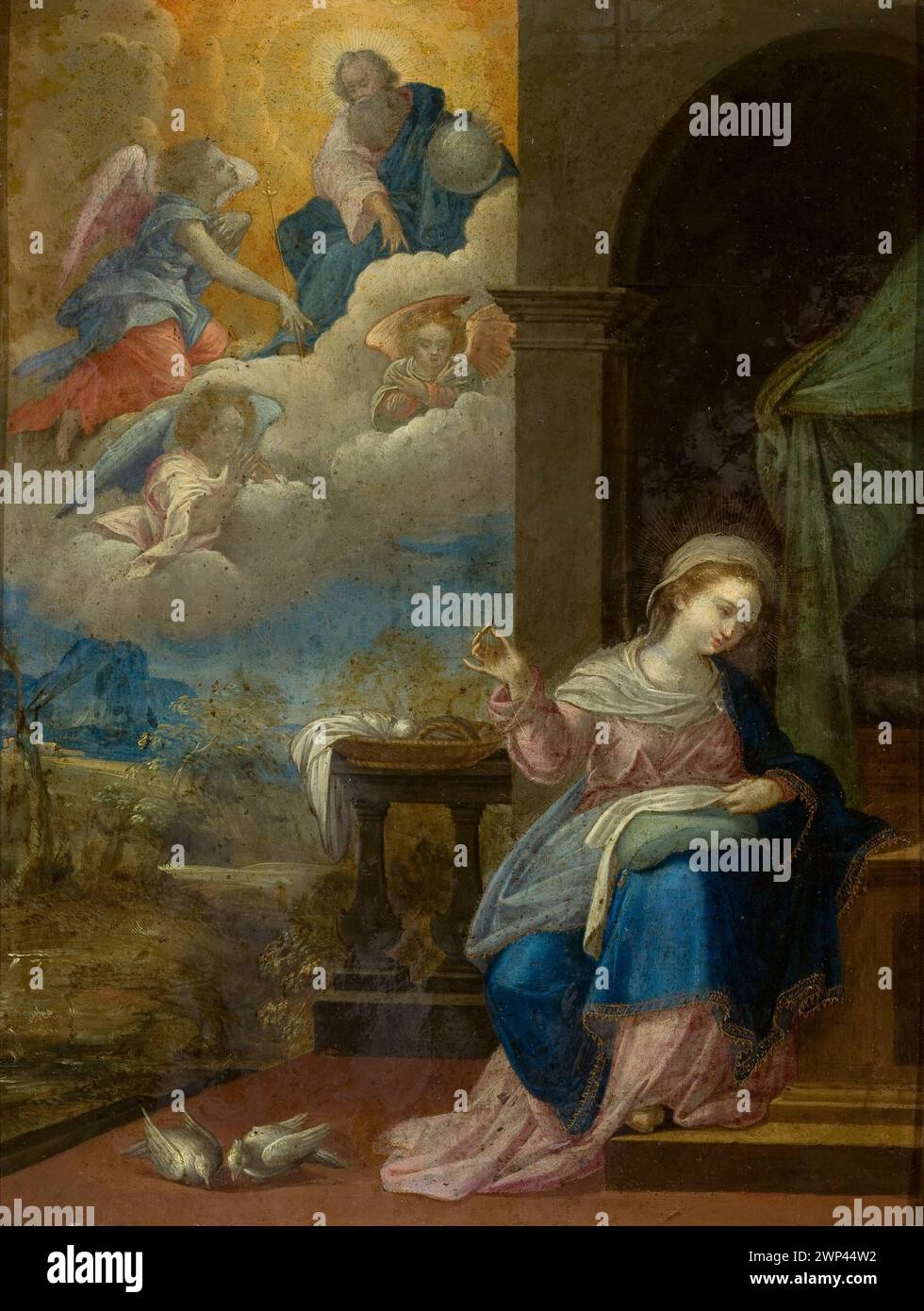 Vers 1600 peinture flamande représentant Dieu le Père envoyant l'Archange Gabriel à Marie, y compris des figures bibliques, des pigeons et des éléments de paysage. Banque D'Images Vers 1600 peinture flamande représentant Dieu le Père envoyant l'Archange Gabriel à Marie, y compris des figures bibliques, des pigeons et des éléments de paysage. Banque D'Images