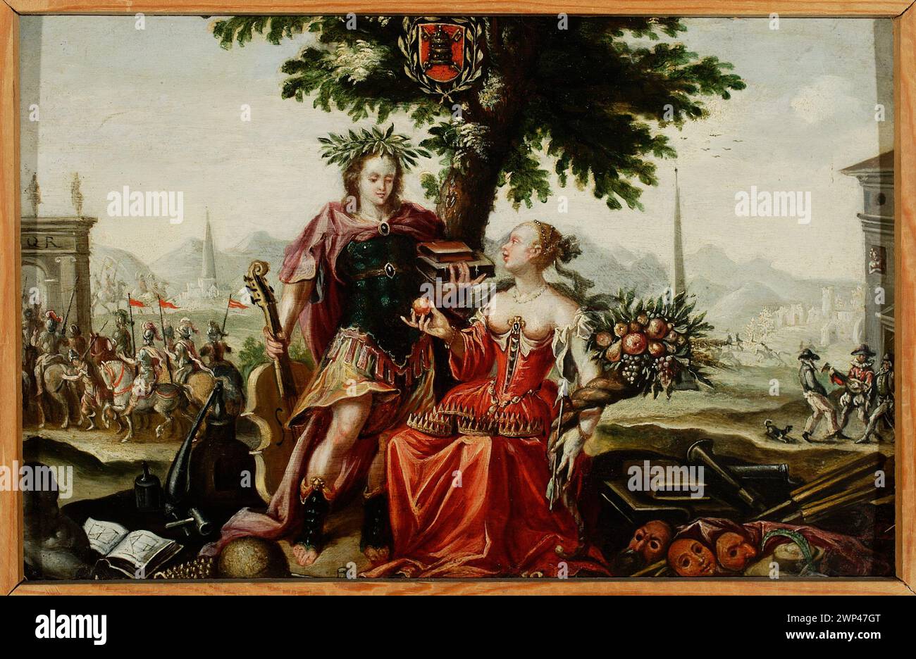 Tableau allégorique de la fin du XVIe au début du XVIIe siècle attribué à un artiste flamand, avec des contributions de Jan Sadeler Ier et Hans von Aachen, représentant Vénus et Apollon dans une scène mythologique. Banque D'Images