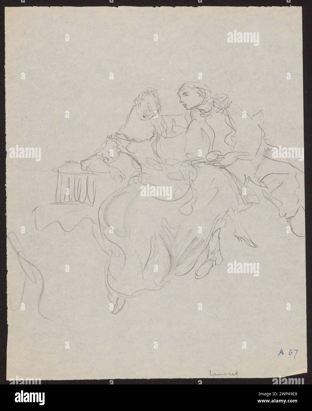 Peinture des années 1930 de Józef Raynefeld représentant un couple dans une scène de cour inspirée de Watteau, illustrant la peinture de genre romantique européenne du début du XXe siècle et l'interaction des figures. Banque D'Images