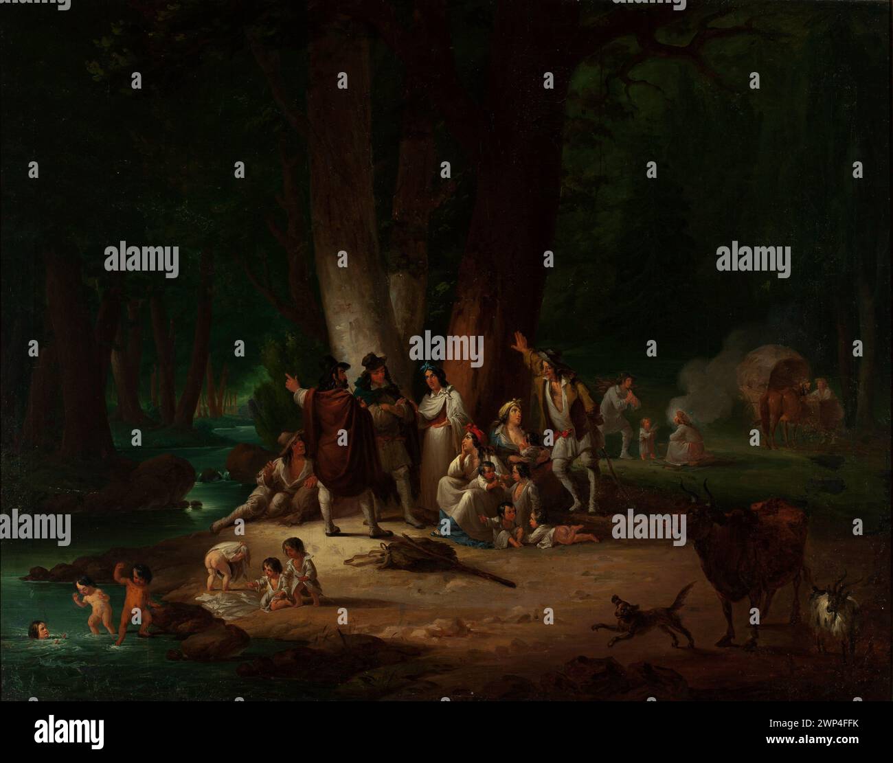 Peinture paysagère d'un camp tzigane au bord de l'eau par Wincenty Smokowski (1797-1876), XIXe siècle, de la collection de la bibliothèque d'ordination de Krasińskie, illustrant des tentes, des figures et des paysages au bord de la rivière. Banque D'Images