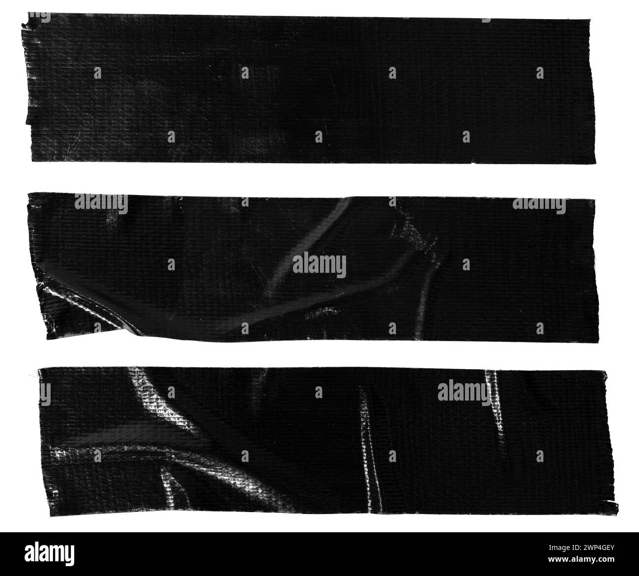 Ensemble de trois autocollants noirs de ruban adhésif isolé sur fond blanc. Maquette de modèle Banque D'Images