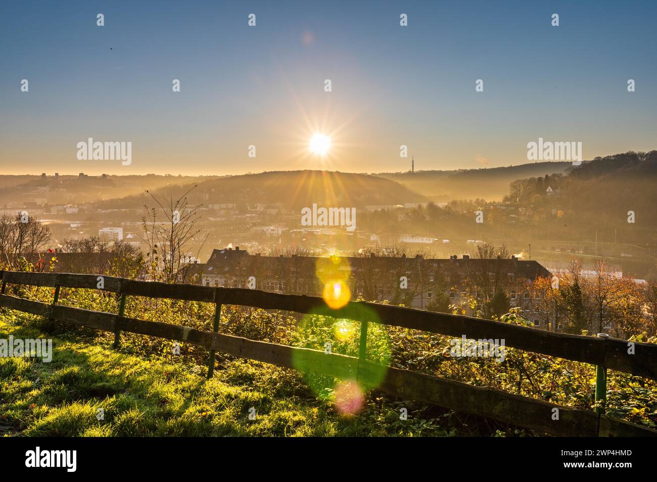 Tôt le matin avec le lever du soleil derrière une clôture séparant un champ des maisons, Arrenberg, Elberfeld, Wuppertal, Bergisches Land, Rhénanie-du-Nord-Westphalie Banque D'Images
