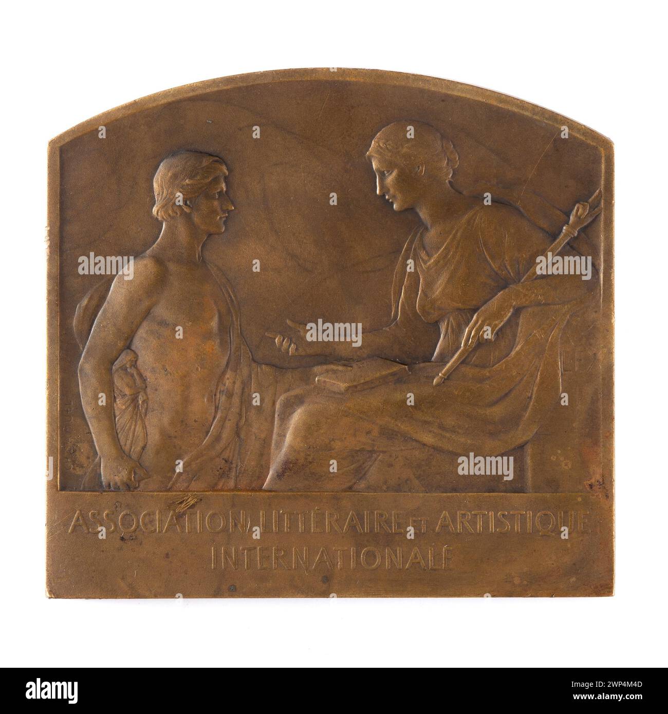 Plaque - 50 ans de la Société littéraire et artistique internationale ; Samuel, ch. ; 1928 (1928-00-00-1928-00-00);partage plus, plaques, scènes symboliques, sécession (style), armoiries Banque D'Images