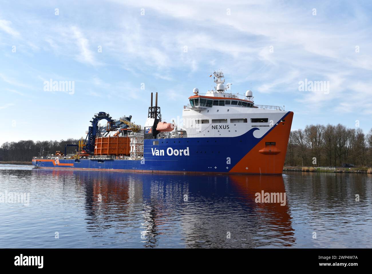Transporteur de câble, navire, navire spécial Nexus voyageant à travers le canal de Kiel, canal de Kiel, Schleswig-Holstein, Allemagne Banque D'Images