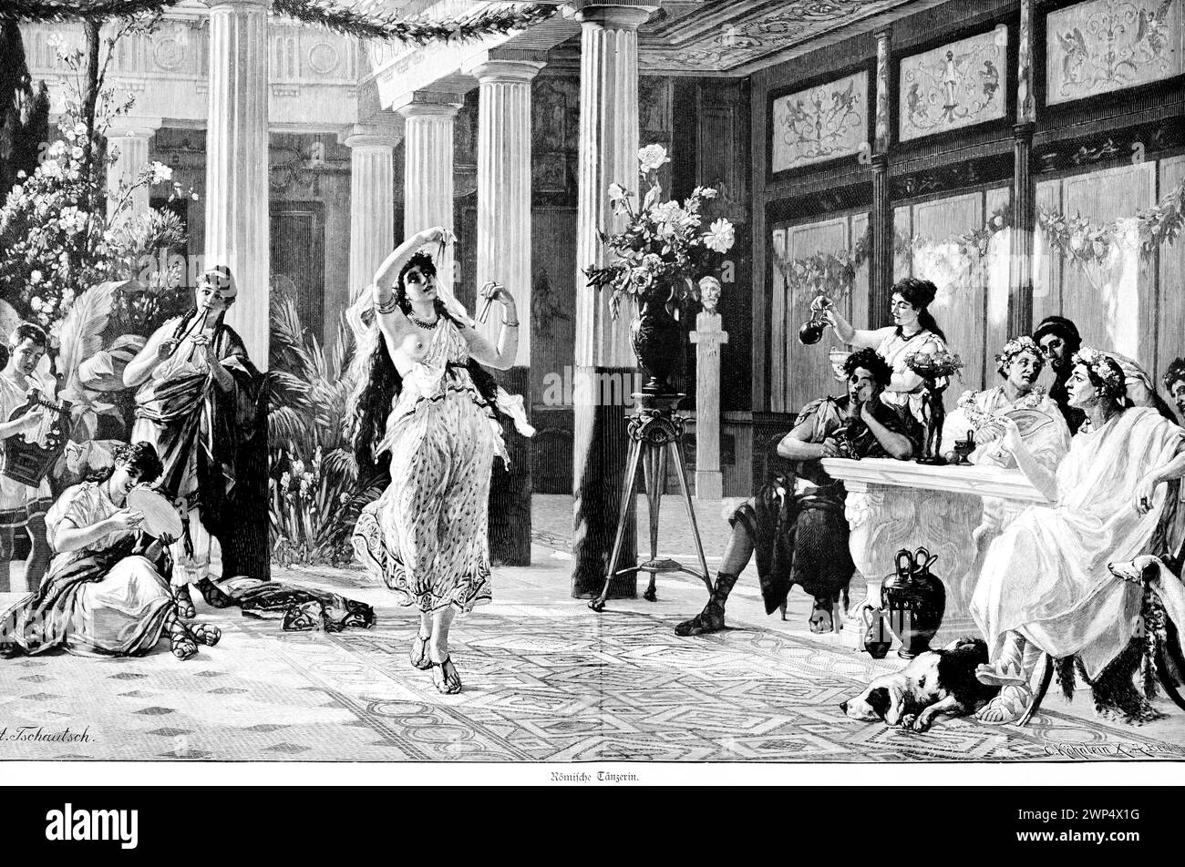 Danseuse romaine, Rome, musique, performance, intérieur, palais, richesse, Italie, illustration historique vers 1898 Banque D'Images