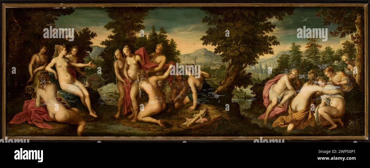 Tableau flamand du début du XVIIe siècle par Hendrick Goltzius représentant Diana et la nymphe Callisto dans un paysage boisé, illustrant des thèmes mythologiques avec des paysages de montagne détaillés. Banque D'Images