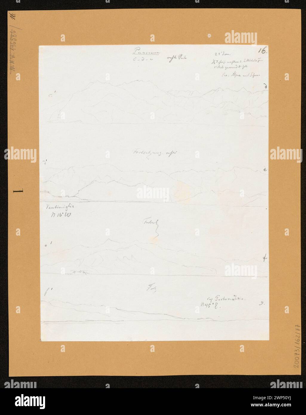 Un dessin de 1842 du prince Adalbert représente un panorama des Alpes près de Vintimille et Porto Maurizio depuis la mer. L'œuvre faisait partie des collections de Hesse-Darmstadt et du dépôt du musée Karpniki. Banque D'Images