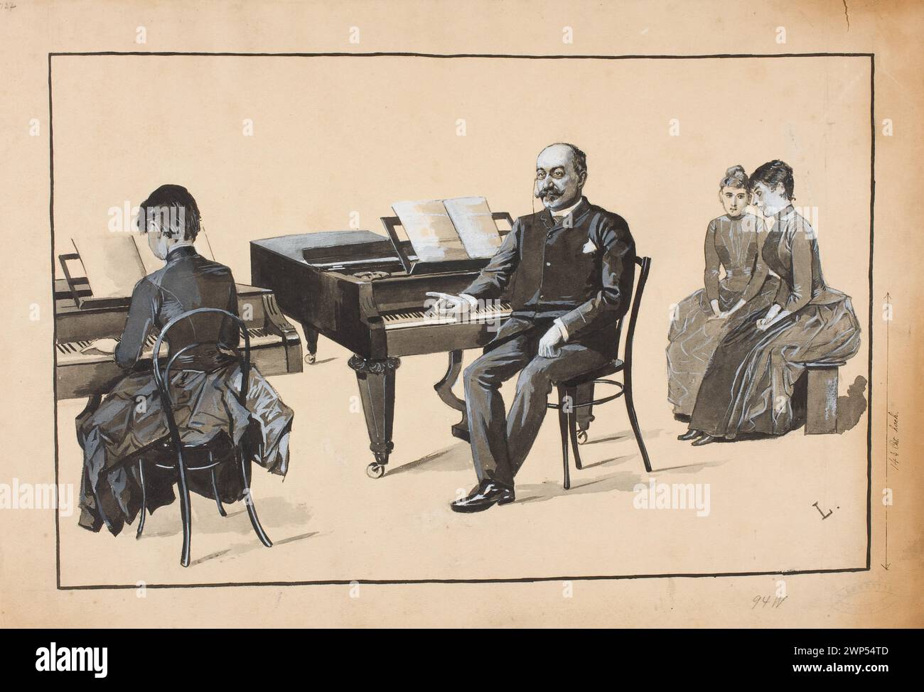 Leçon de piano en classe prof. Pion de Szelcer à l'Institut de musique de Varsovie ; Lentz, Stanis AW (1861-1920) ; 1889 (1889-00-00-1889-00-00);Kłosy - illustration, Lewental, Salomon (1841-1902), collection, Méyet, Leopold (1850-1912) - collection, Szelcer Paweł, personnalité, Varsovie - Académie de musique, Dar (provenance), pour reproduction, musiciens, apprentissage (scènes de genre ), élèves Banque D'Images