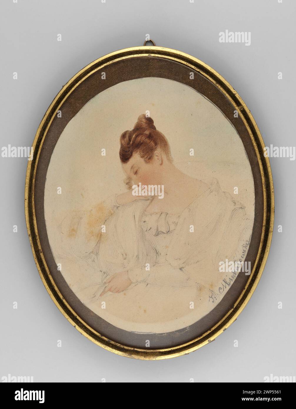 Portrait d'une jeune femme ; Micha Owska Mikha 1832 (1832-00-00-1832-00-00);Musée national polonais (Rapperswil - 1870-1927) - collections, Musée de l'armée polonaise (Varsovie - 1920-) - collection, amateurs, cadeau (provenance), femmes, miniatures polonaises, portraits de femmes, profils, croquis Banque D'Images