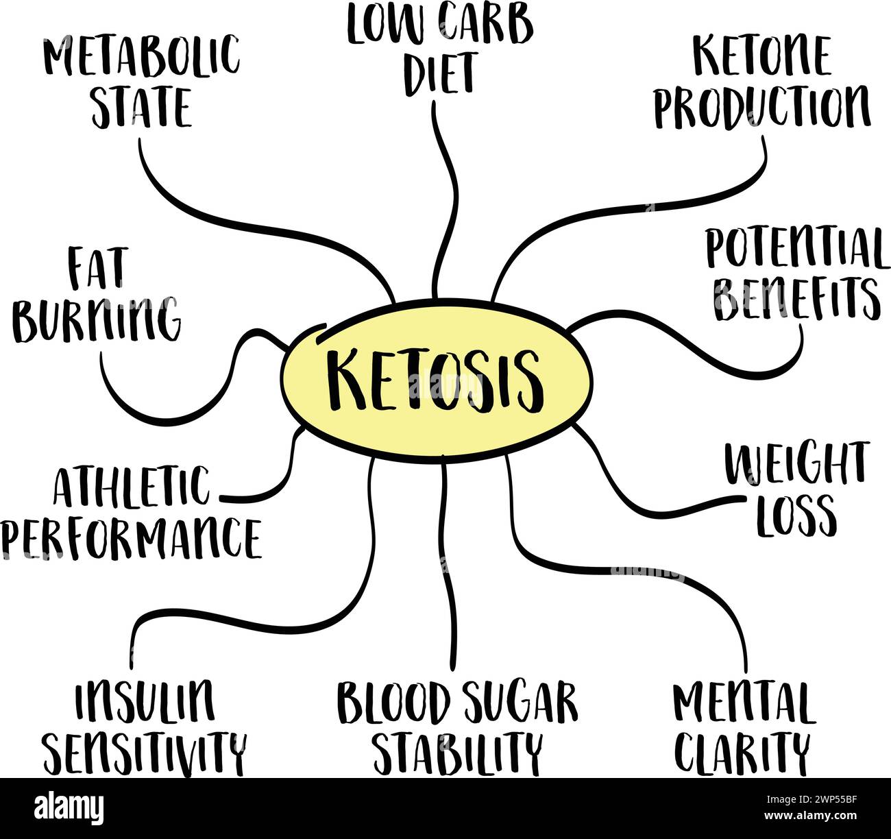état métabolique de la cétose et ses avantages potentiels pour la santé et la forme physique, infographie de carte mentale, croquis vectoriel Illustration de Vecteur