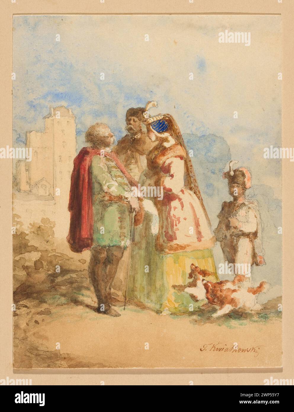 Peinture romantique de Teofil Kwiatkowski après 1871 représentant hussards, chiens, costumes nationaux et scènes de genre, collectionnée par Feliks et Gustaw Adolf Gebethner. Banque D'Images