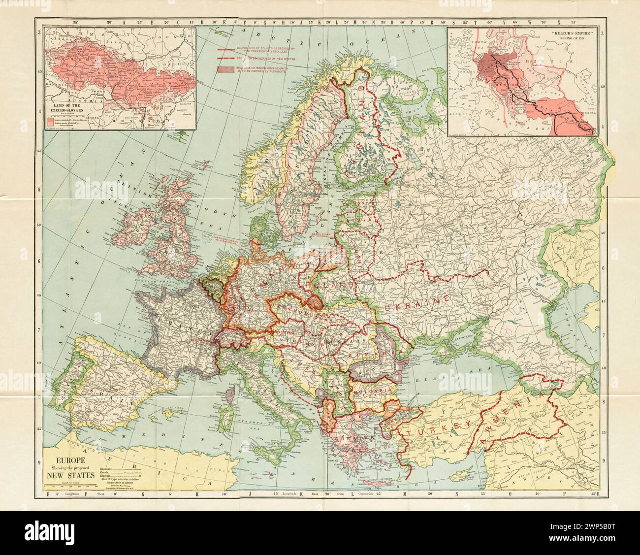 Vintage Post World War One Map, Europe montrant les nouveaux états proposés. 1919. Par C.S. Hammond & Company Banque D'Images