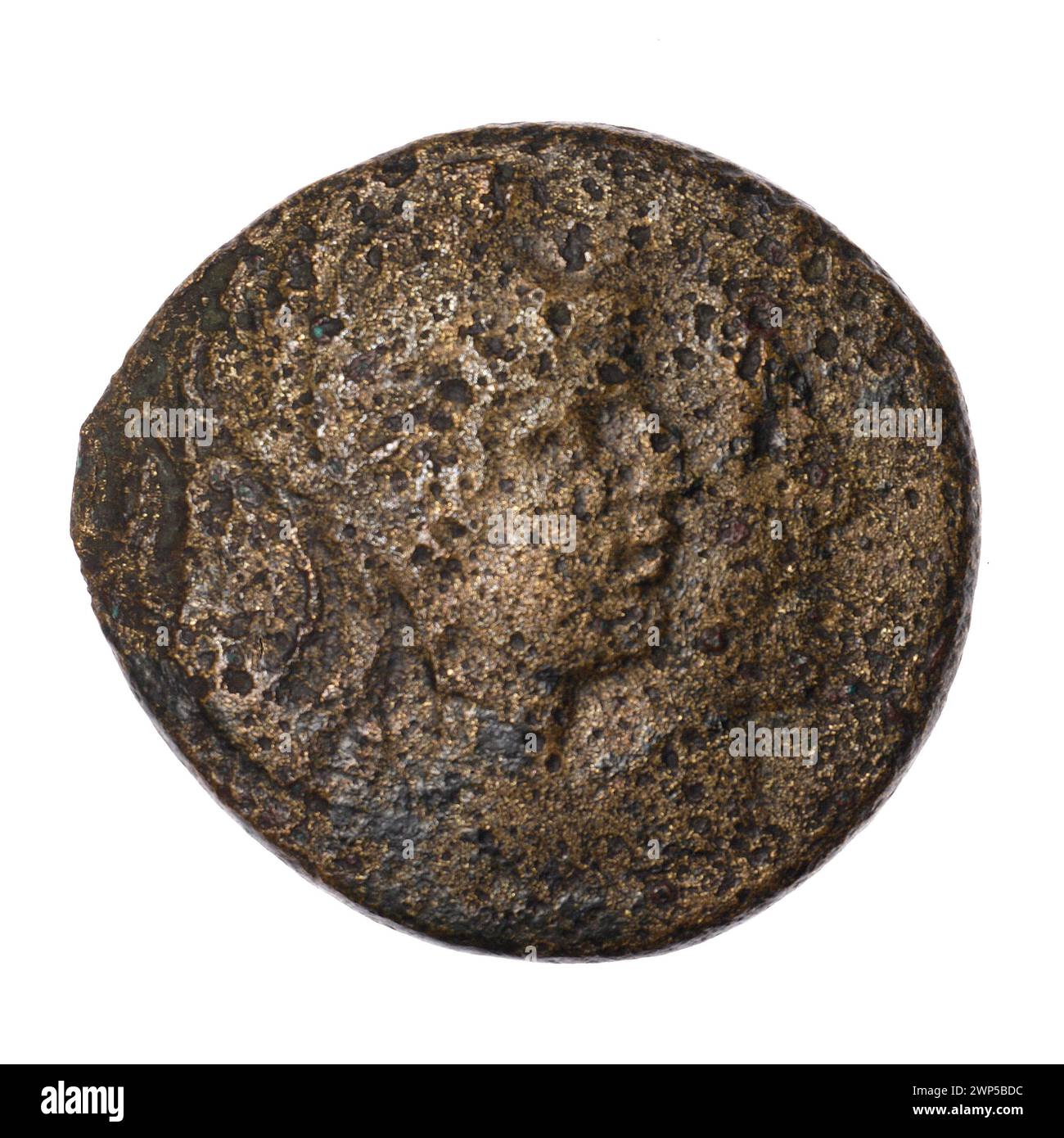 Pièce de monnaie brune Pantikapaion, Ier siècle av. J.-C., montrant Attys, Dionysos, têtes d'hommes, croissant avec étoiles, plantes, léopards et animaux, recueillis par Ignacy Terlecki. Banque D'Images