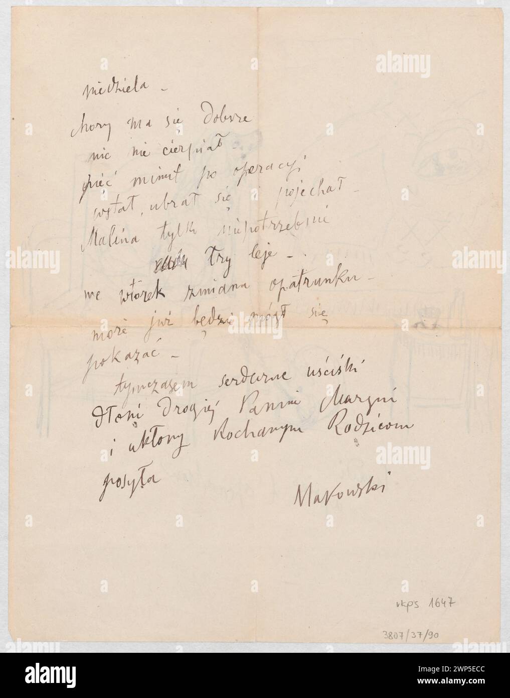 Lettre à Maria Mickiewiczówna avec le dessin 'lundi apres L'O Operation ...