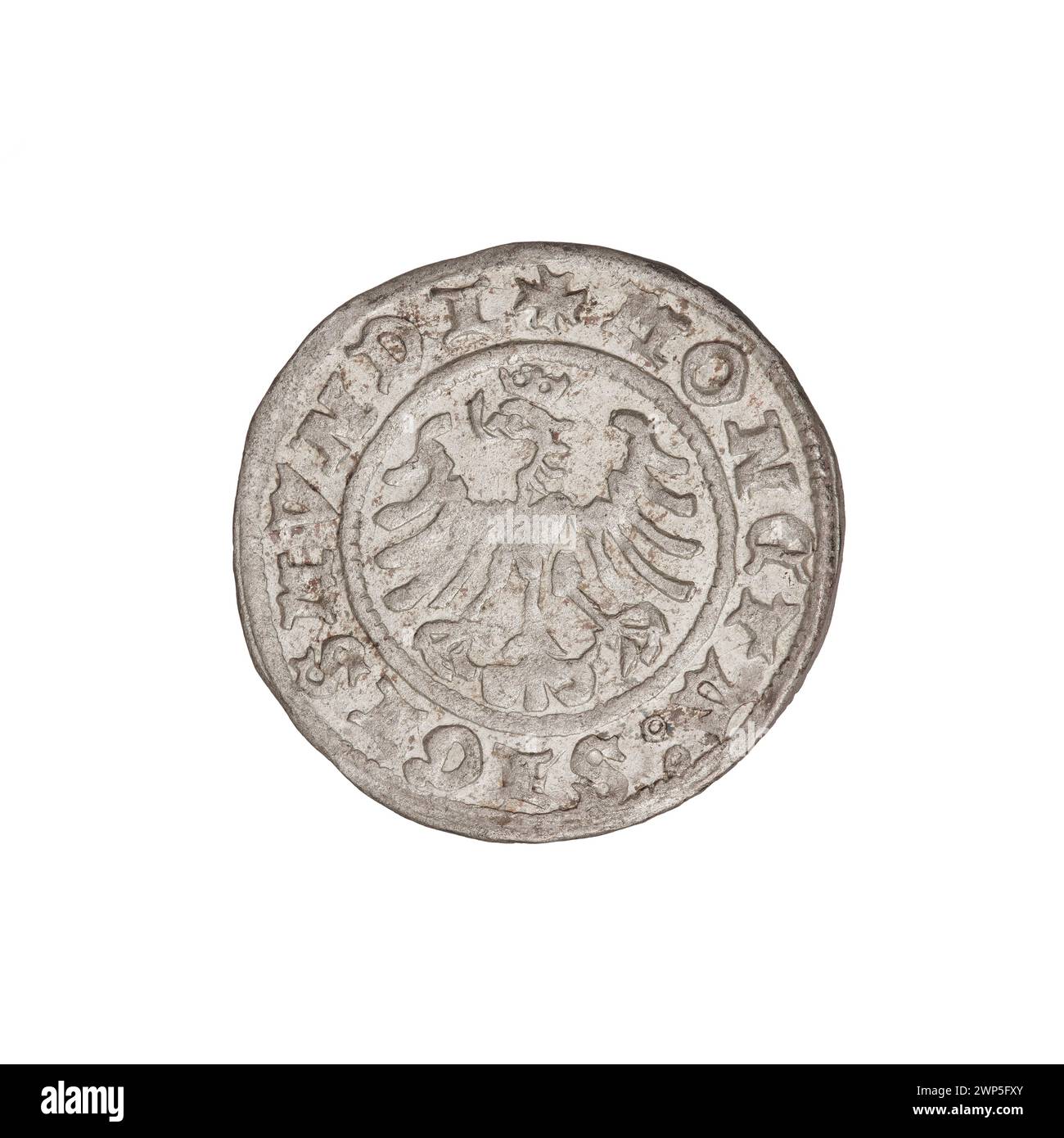 Le penny de la couronne émis sous le roi Zygmunt I Stary de Pologne entre 1506 et 1548, une pièce d'argent utilisée dans la monnaie polonaise du XVIe siècle. Banque D'Images