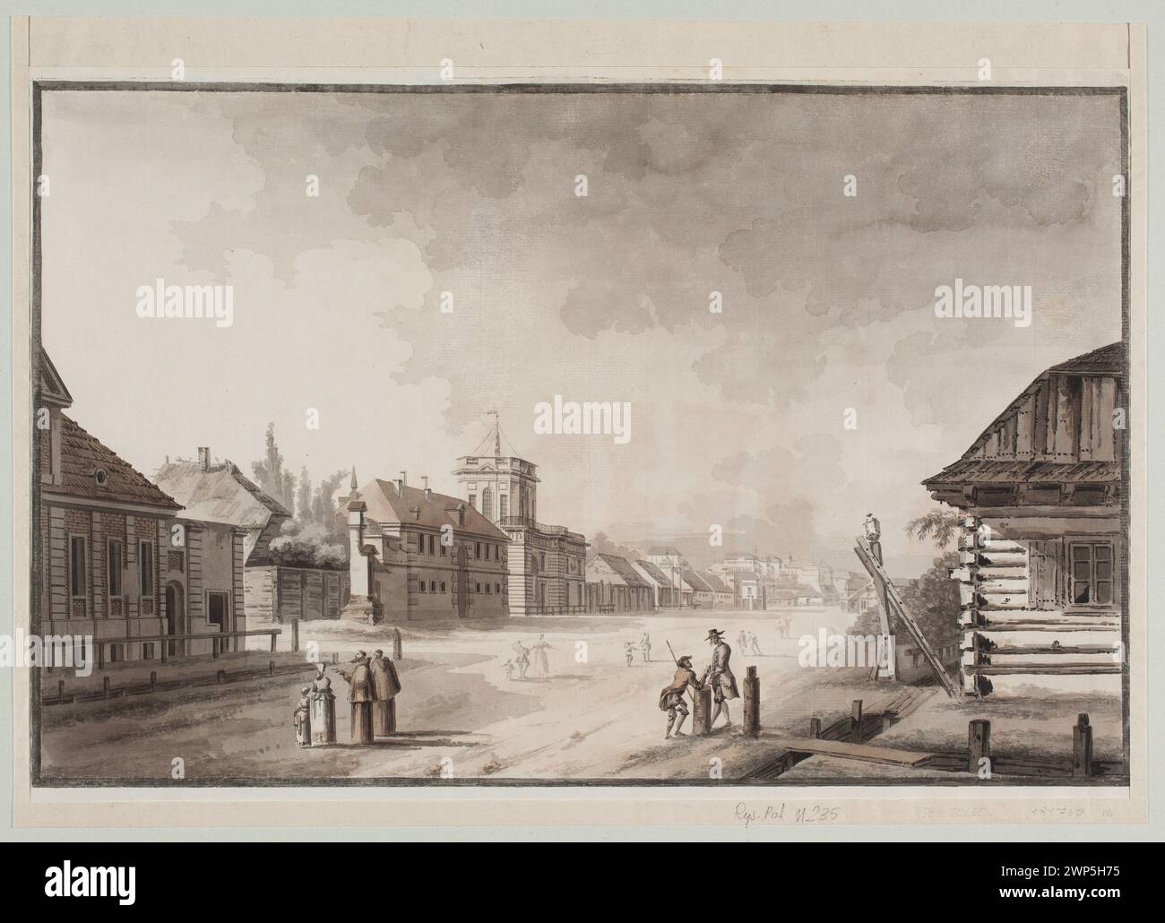 Vue de la rue Solecka en direction de la nuit ; Vogel, Zygmunt (1764-1826) ; After 1785 (1785-00-00-1786-00-00) ; Krasiński, Adam (1870-1909)-collections, Mniszech (famille)-collections, Mniszech, Leon Wandalin (1849-1901), Mniszech, Leon Wandalin (1849-1901)-collections, Mniszech, Michał Jerzy Wandalin (1742-1806) , Mniszech, Michał Jerzy Wandalin (1742-1806) - collections, Raczyński, Edward (1847-1926) - collection, Solec (Varsovie), Varsovie (Voïvodie Masovienne), femmes, femmes avec enfants, moines, paysages urbains, passants, scène de rue, weduty, vues, bâtiments, achat (provenance) Banque D'Images