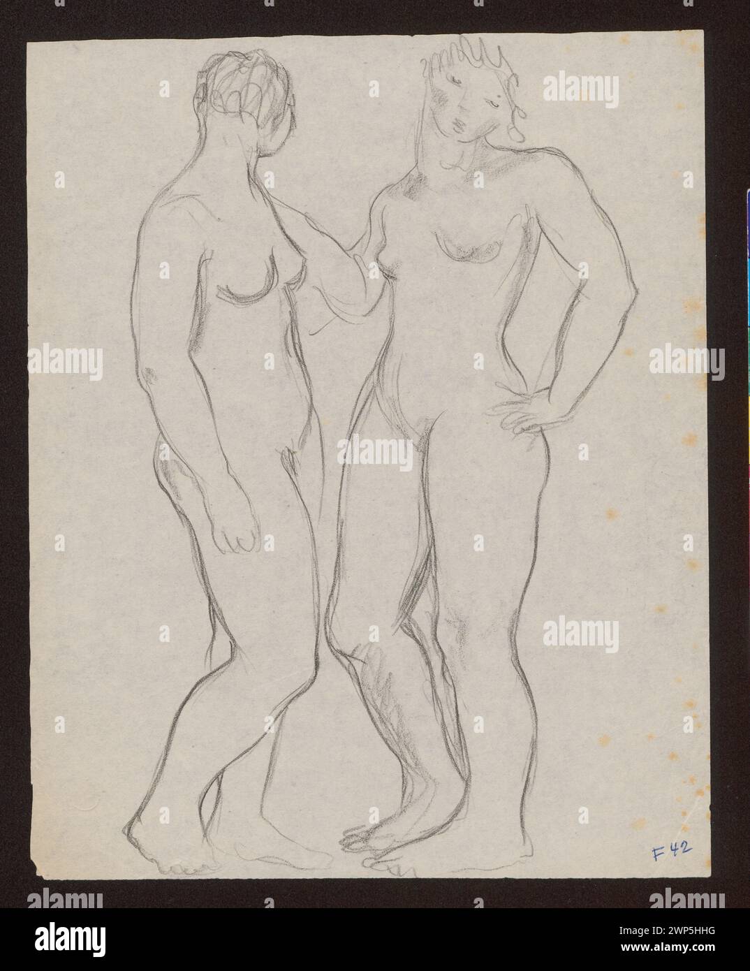 Ce dessin de 1930–1940 de Józef Raynefeld représente deux figures humaines debout, mettant en évidence l'anatomie, la posture et l'étude proportionnelle. Banque D'Images