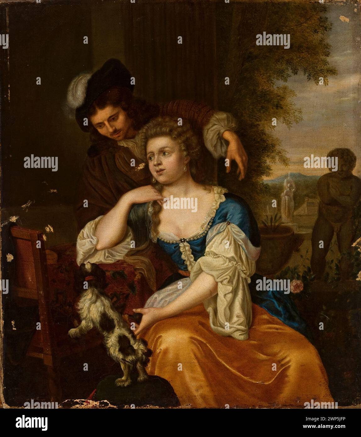Peinture hollandaise de Michiel Van Musscher, de la fin du XVIIe au début du XVIIIe siècle, montrant une jeune femme et son mari à une table dans un cadre paysager avec des sculptures, des parcs et des tenues détaillées. Banque D'Images