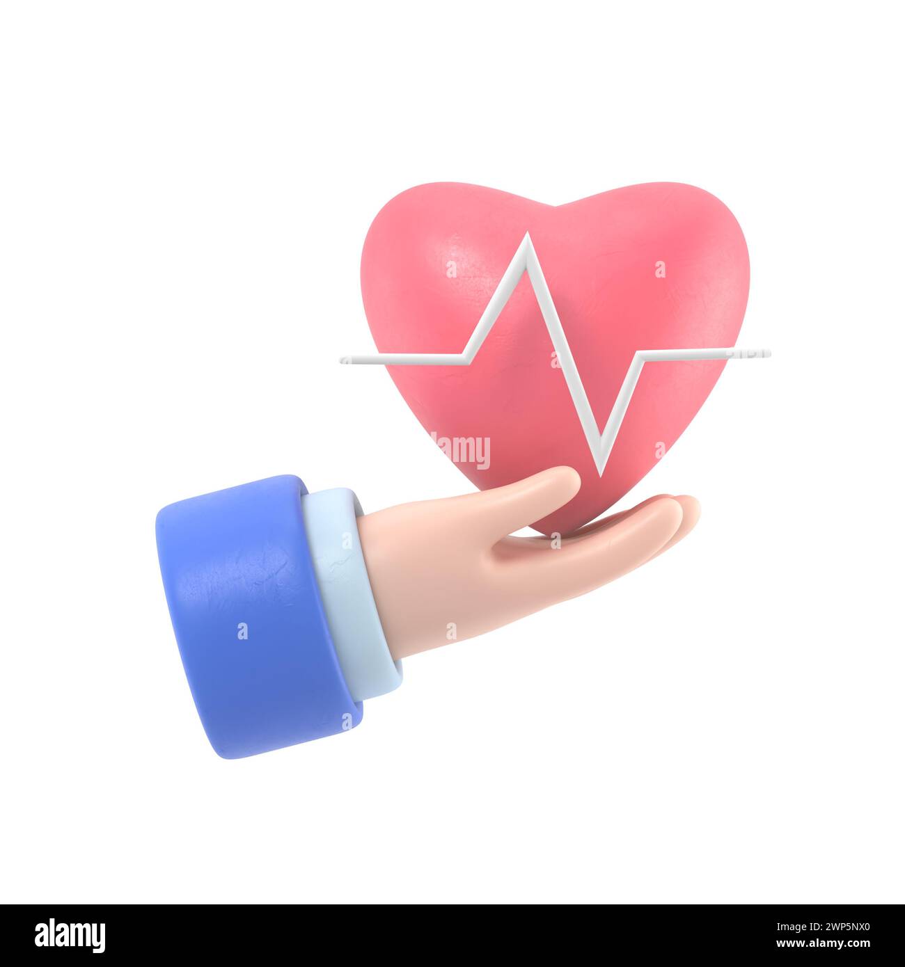 rendu 3d. Icône de fréquence cardiaque médicale. Médecin ou cardiologue main de dessin animé tenant le cœur avec la ligne de la carte. Healthcare illustration.rendu 3D sur blanc b Banque D'Images