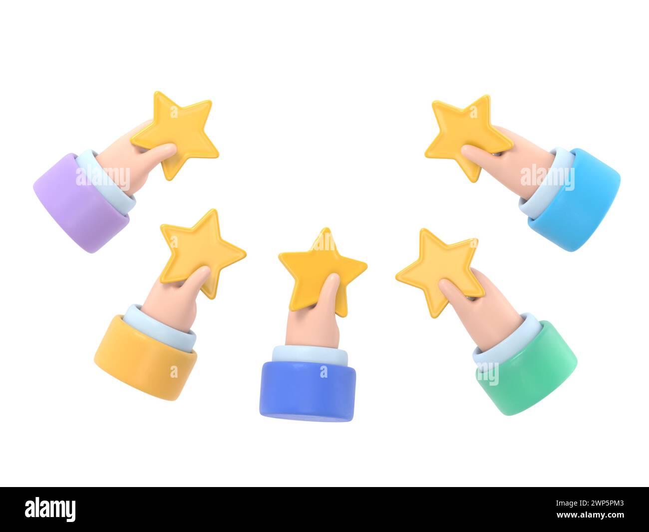 Personnages de personnes qui donnent un feedback cinq étoiles. Les clients qui choisissent le taux de satisfaction et laissent un avis positif. Service client et expérience utilisateur Co Banque D'Images