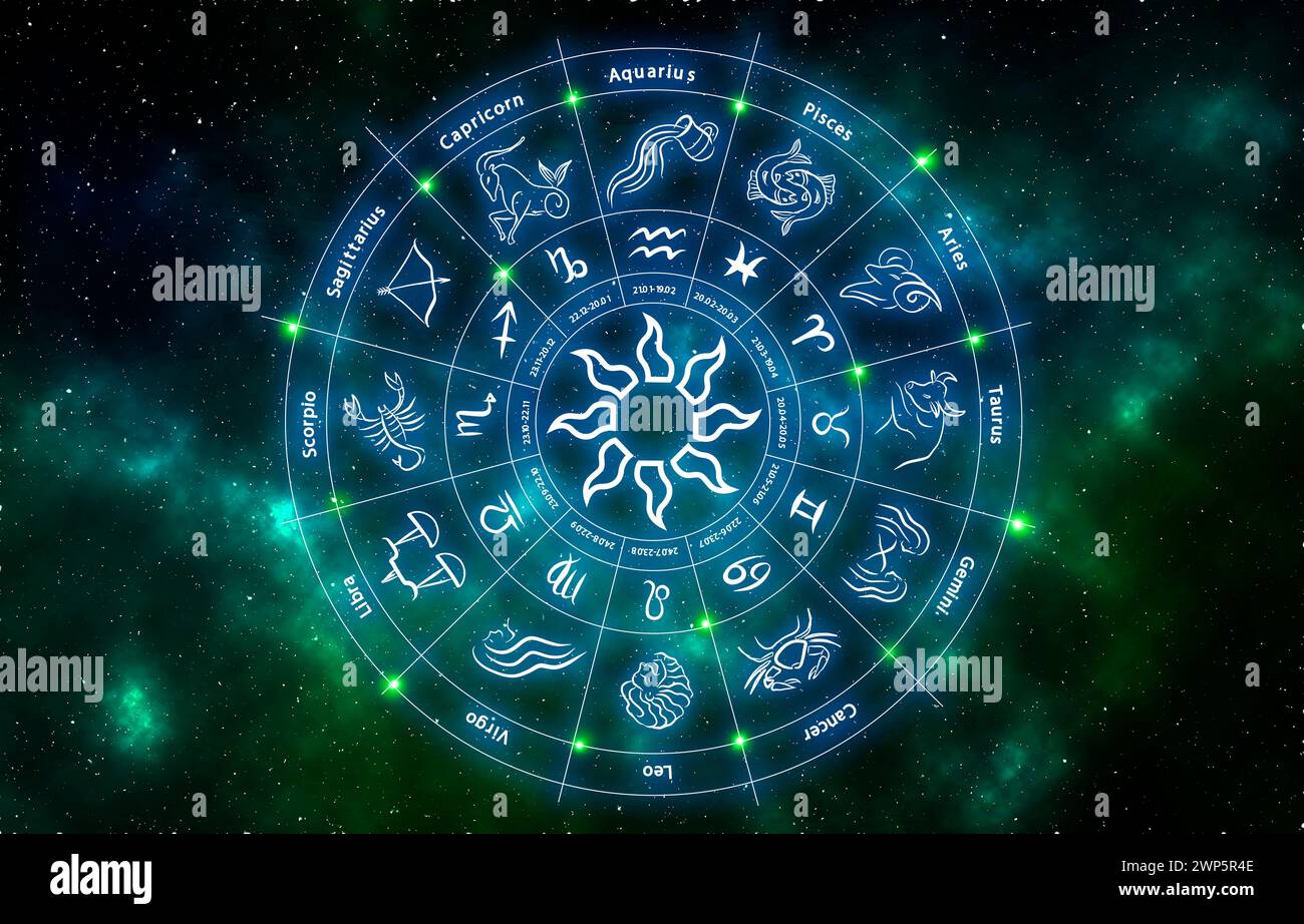 Roue du zodiaque montrant 12 signes contre l'espace Banque D'Images