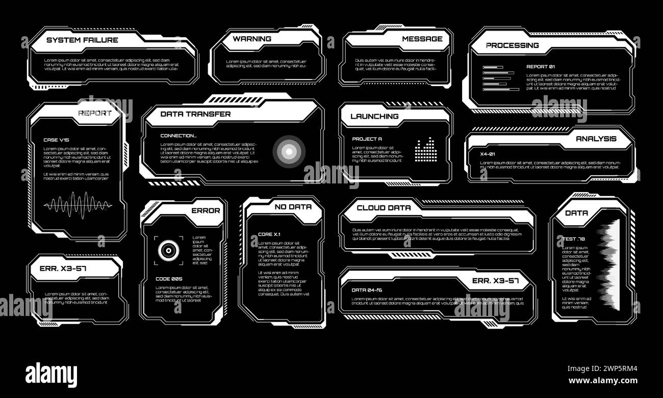 HUD futuriste blanc, éléments UI. Zones de texte et légendes de l'interface utilisateur SCI-fi. Cadres de message d'avertissement, modèle de boîtes d'information. Jeu moderne Illustration de Vecteur