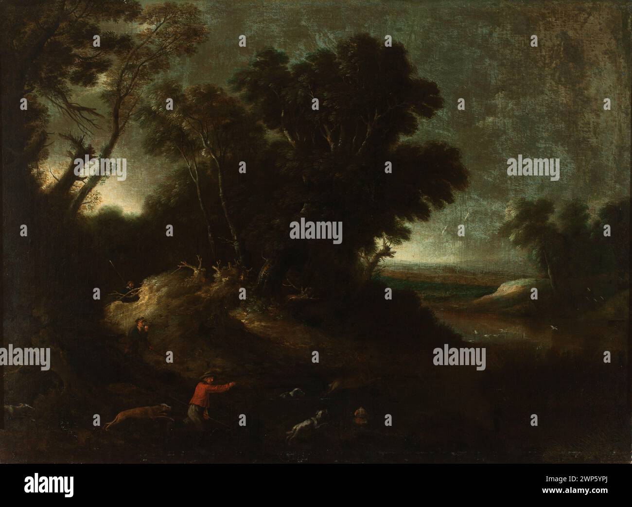 Peinture flamande d'un paysage de chasse au cerf, d'arbres et de paysages naturels, 1650-1675, illustrant l'activité de chasse dans un cadre boisé. Banque D'Images